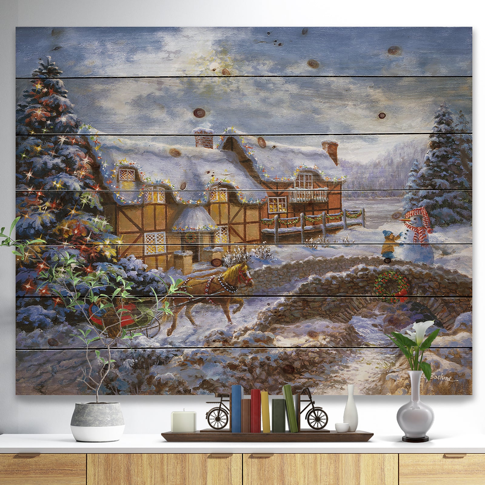 Christmas Tree with horse and open sleigh in winter landscape - Print on Natural Pine Wood