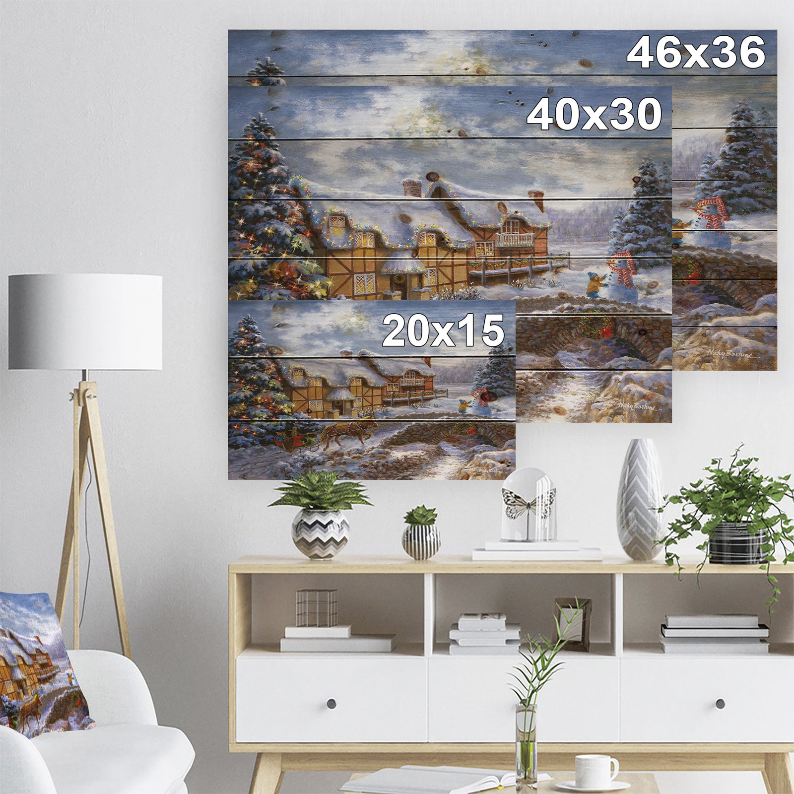 Christmas Tree with horse and open sleigh in winter landscape - Print on Natural Pine Wood