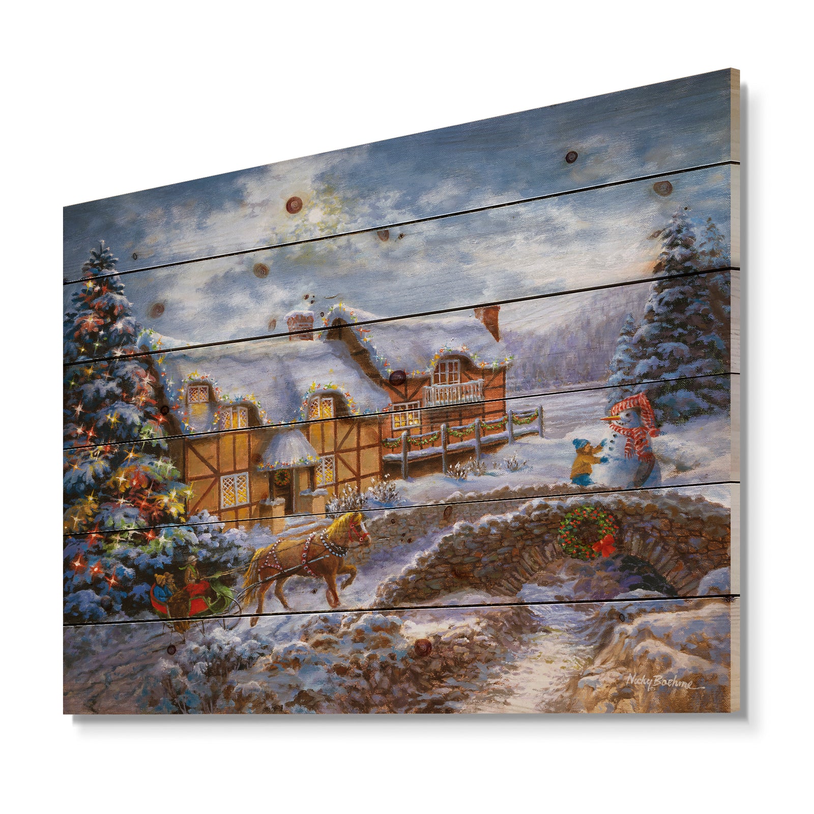 Christmas Tree with horse and open sleigh in winter landscape - Print on Natural Pine Wood