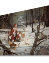 Santa Claus with deer in snowy woods - Print on Natural Pine Wood