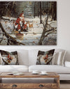 Santa Claus with deer in snowy woods - Print on Natural Pine Wood