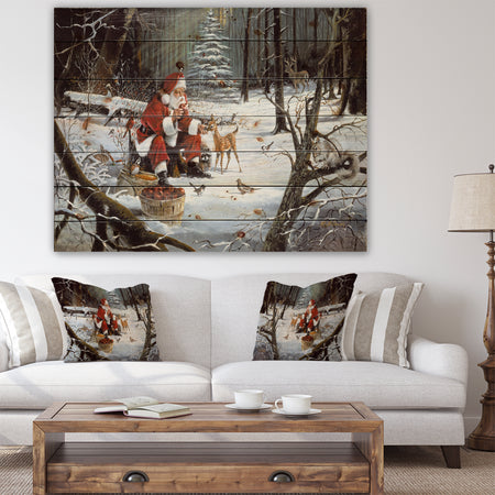 Santa Claus with deer in snowy woods - Print on Natural Pine Wood