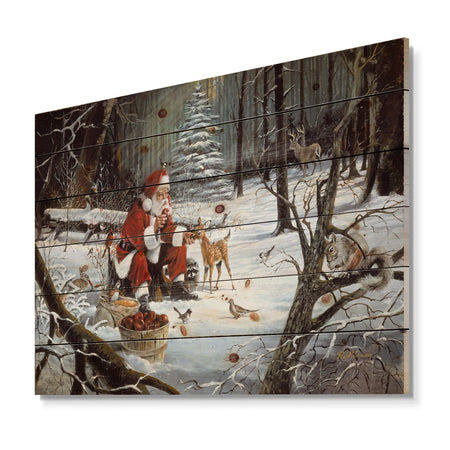 Santa Claus with deer in snowy woods - Print on Natural Pine Wood