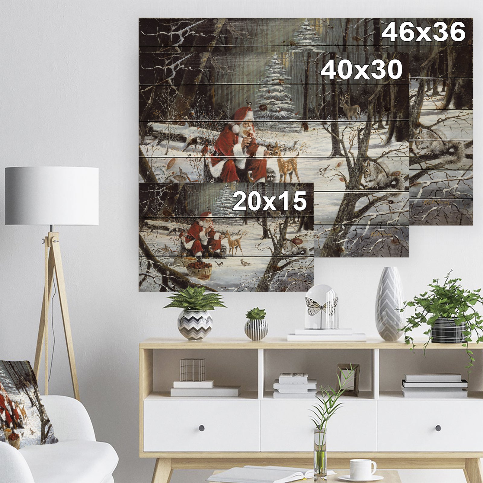 Santa Claus with deer in snowy woods - Print on Natural Pine Wood