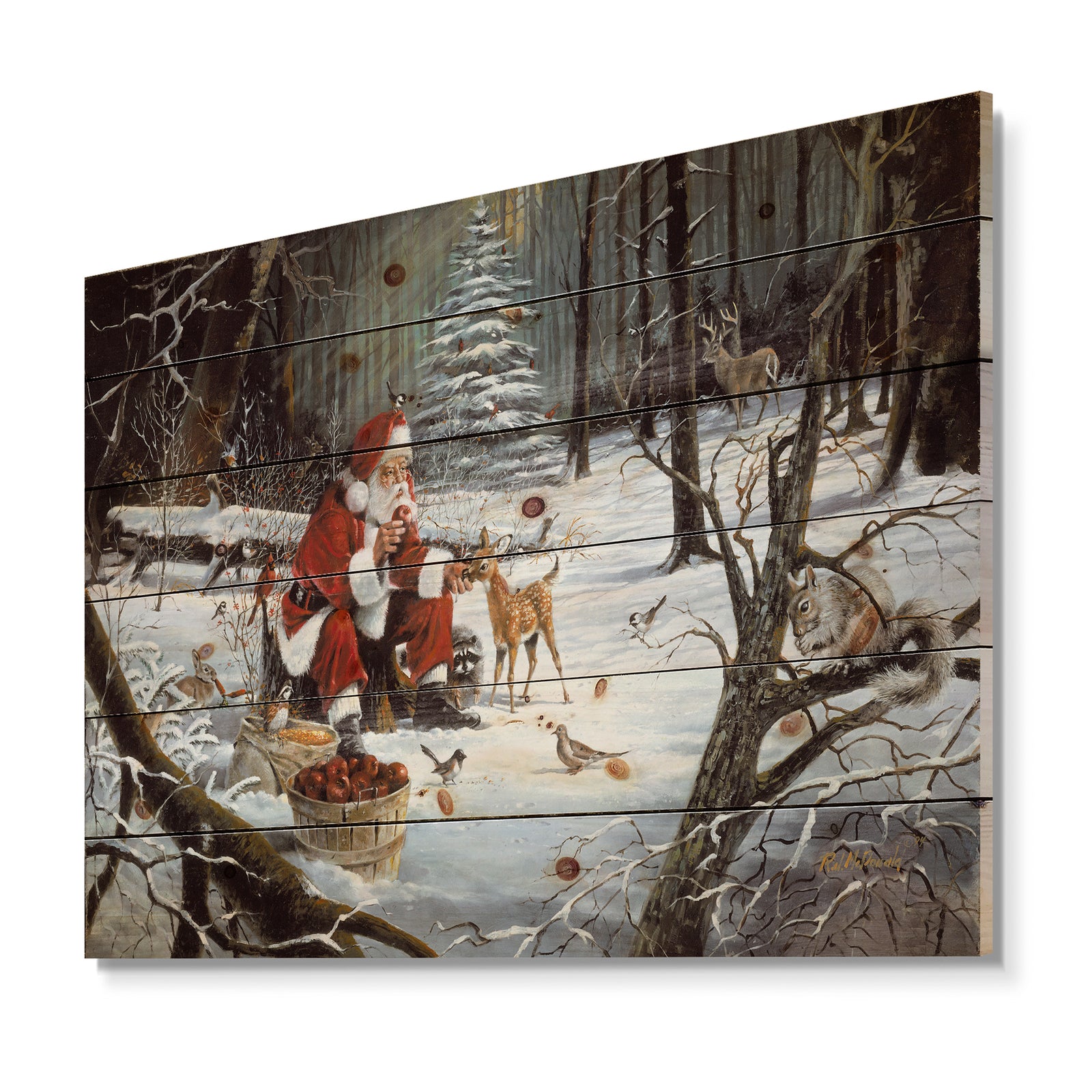 Santa Claus with deer in snowy woods - Print on Natural Pine Wood