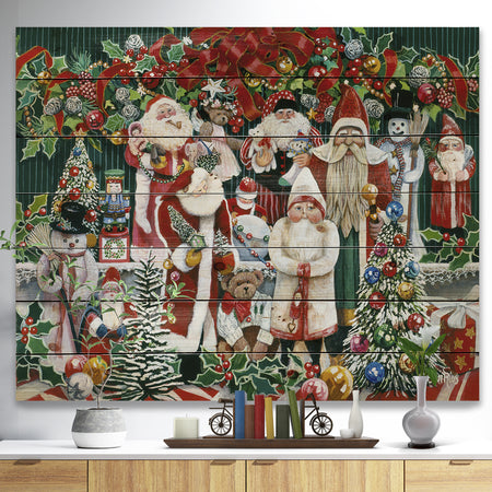Santa Claus Family with Christmas bear and presents - Print on Natural Pine Wood
