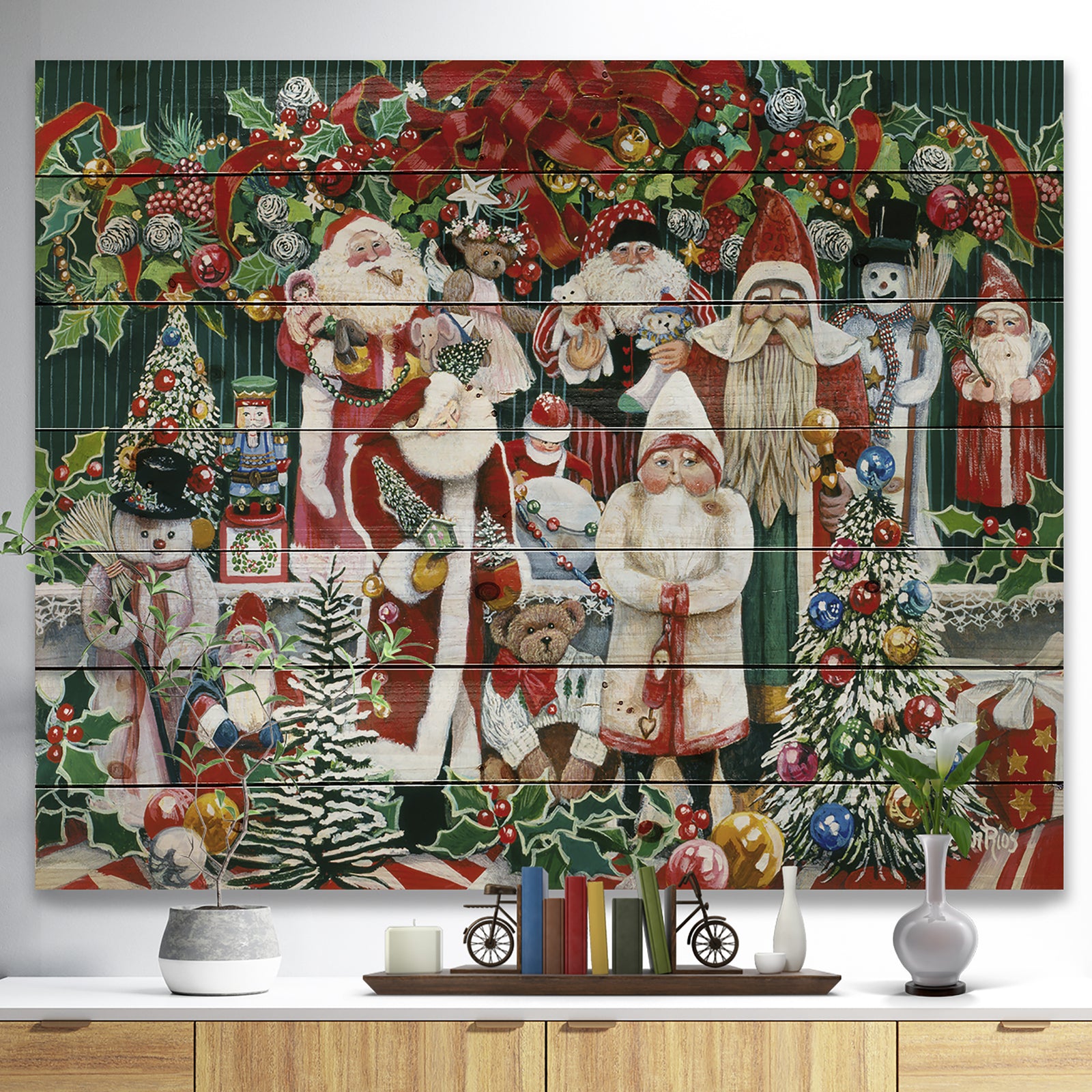 Santa Claus Family with Christmas bear and presents - Print on Natural Pine Wood