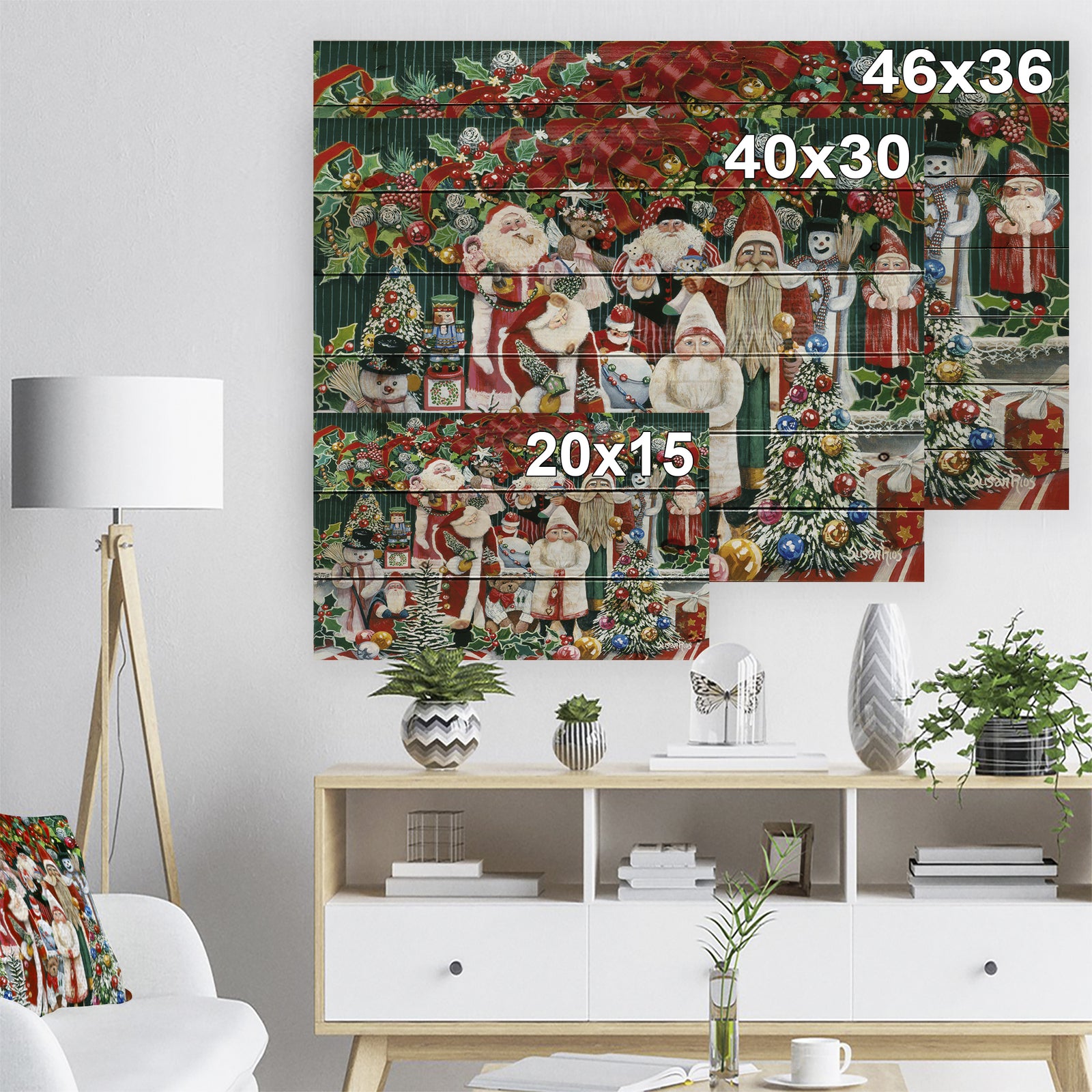 Santa Claus Family with Christmas bear and presents - Print on Natural Pine Wood