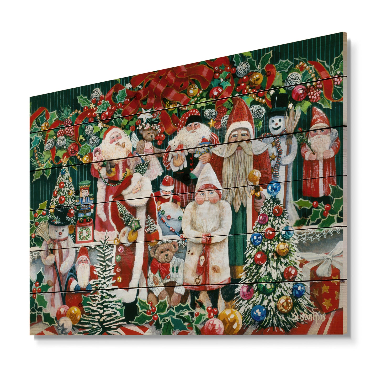 Santa Claus Family with Christmas bear and presents - Print on Natural Pine Wood