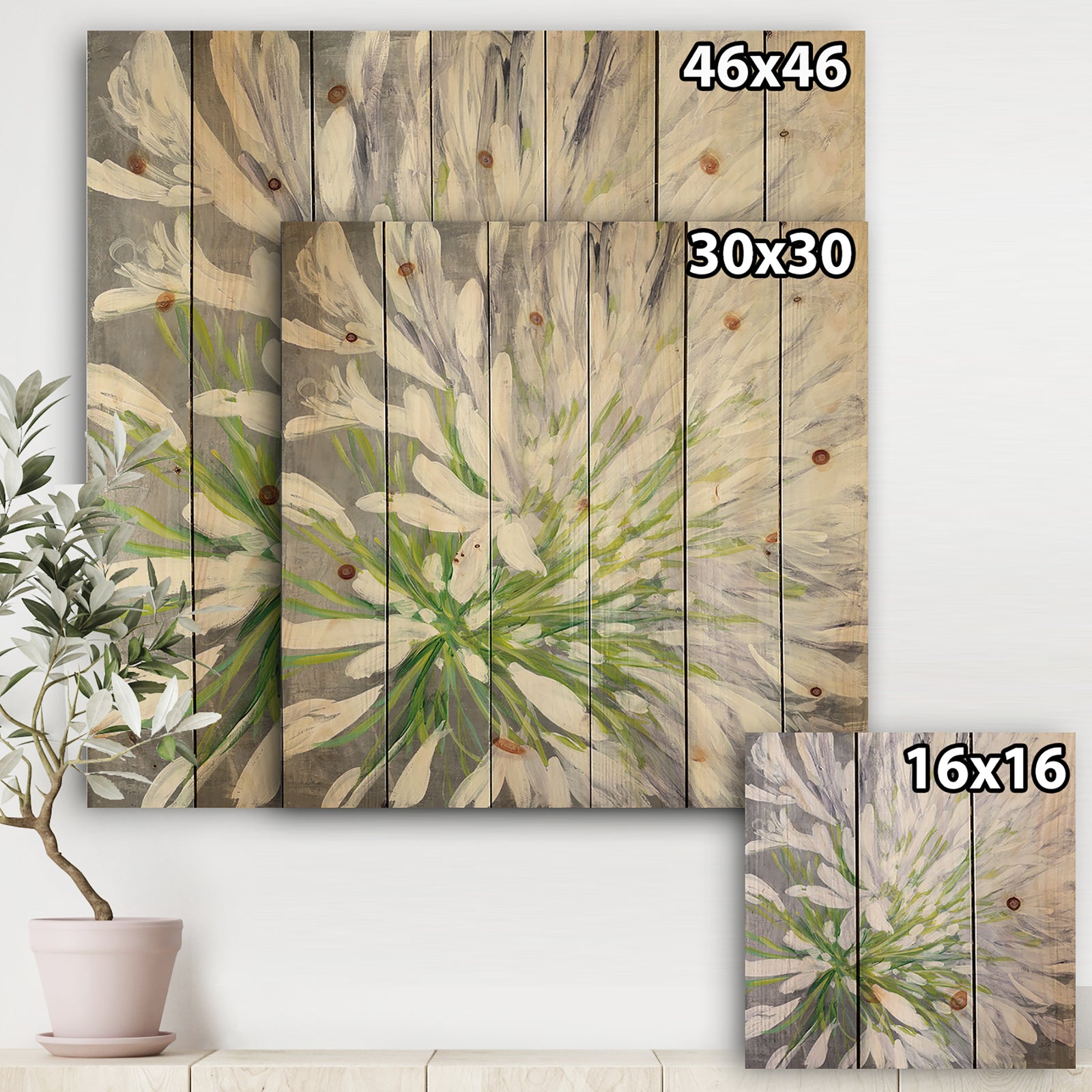 Flower Cleome Splash II - Traditional Floral Print on Natural Pine Wood