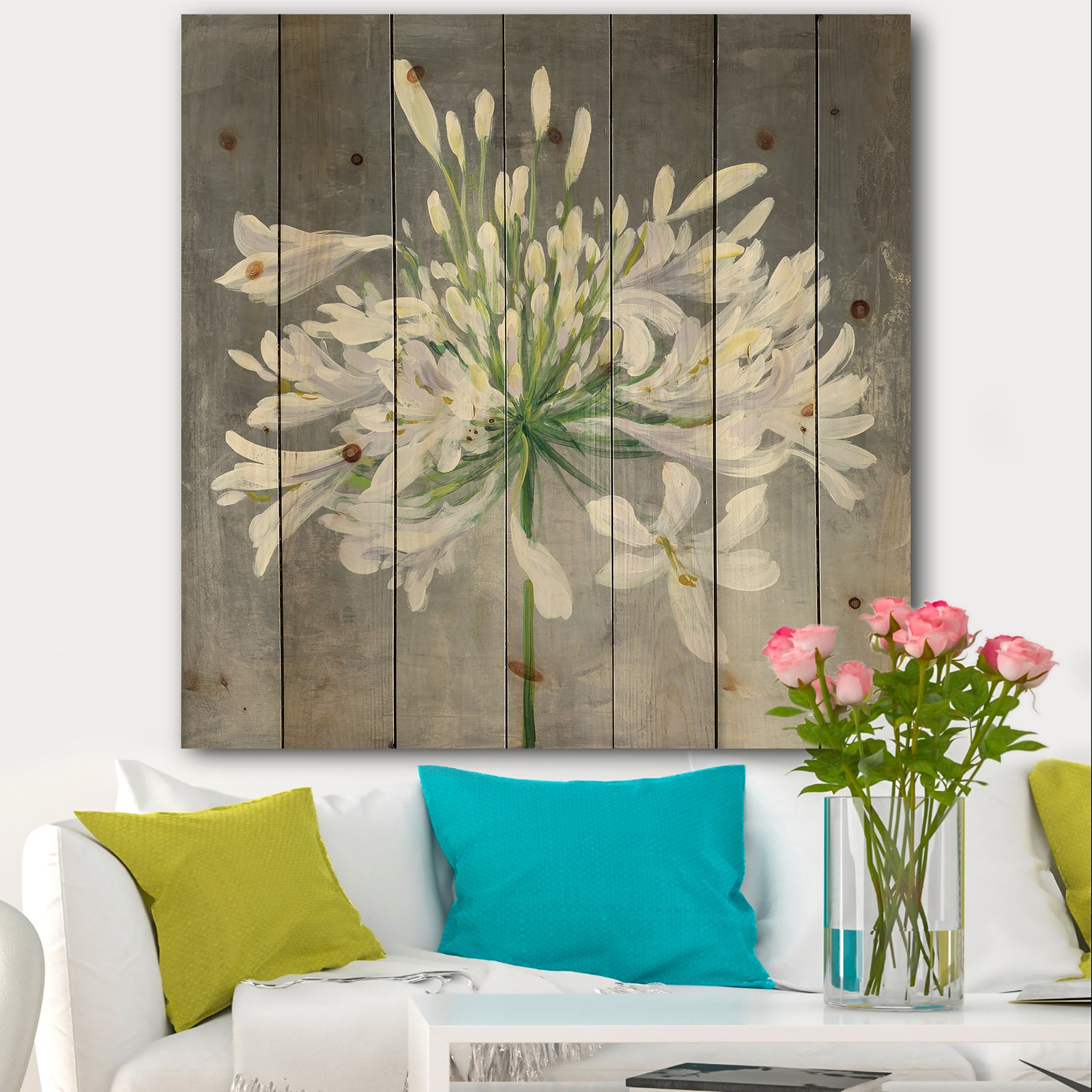 Flower Cleome Splash I - Traditional Floral Print on Natural Pine Wood