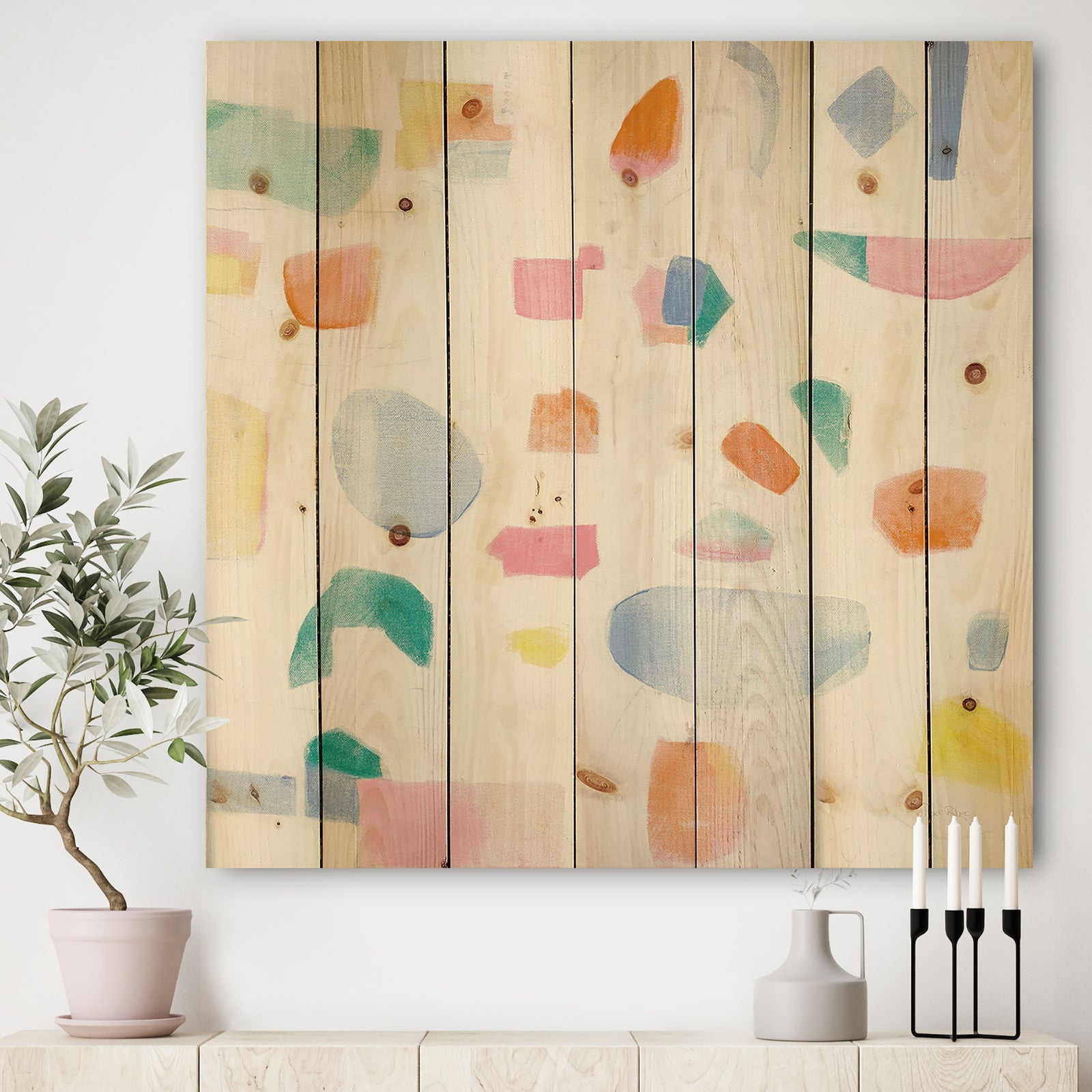 Joy Geometric Simple - Mid-Century Modern Print on Natural Pine Wood