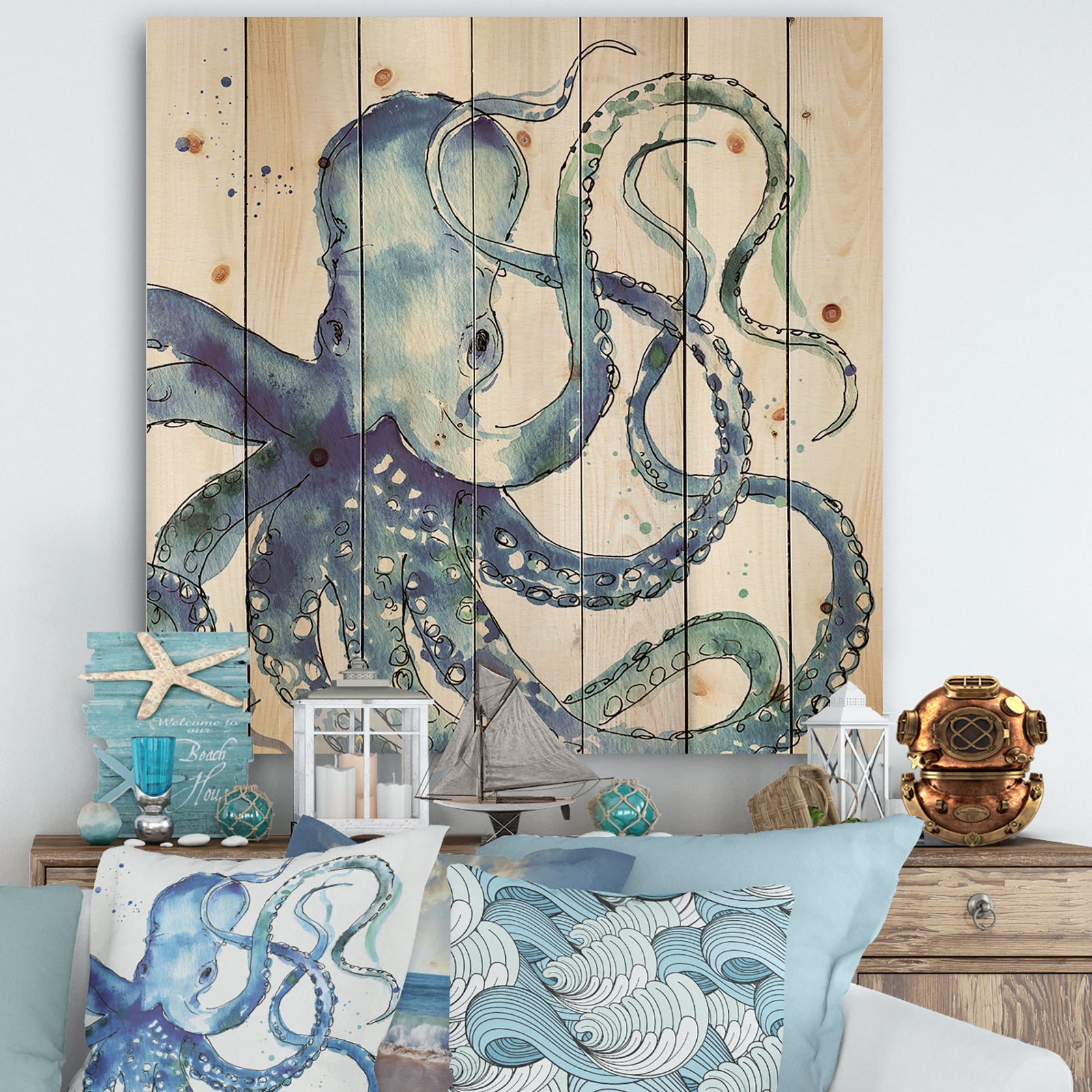 Blue Deep Sea VIII - Coastal Print on Natural Pine Wood