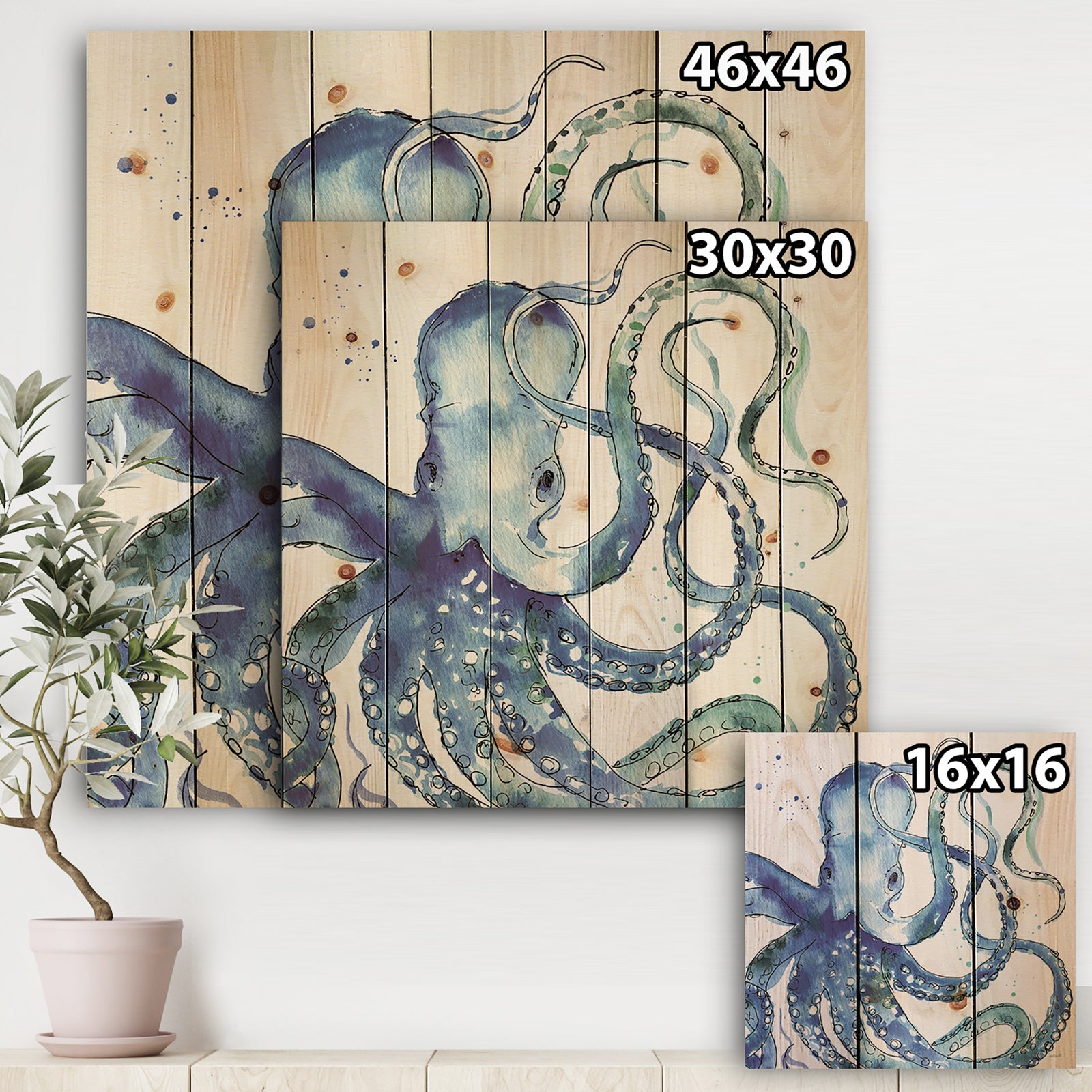 Blue Deep Sea VIII - Coastal Print on Natural Pine Wood