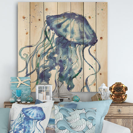 Blue Deep Sea X - Coastal Print on Natural Pine Wood