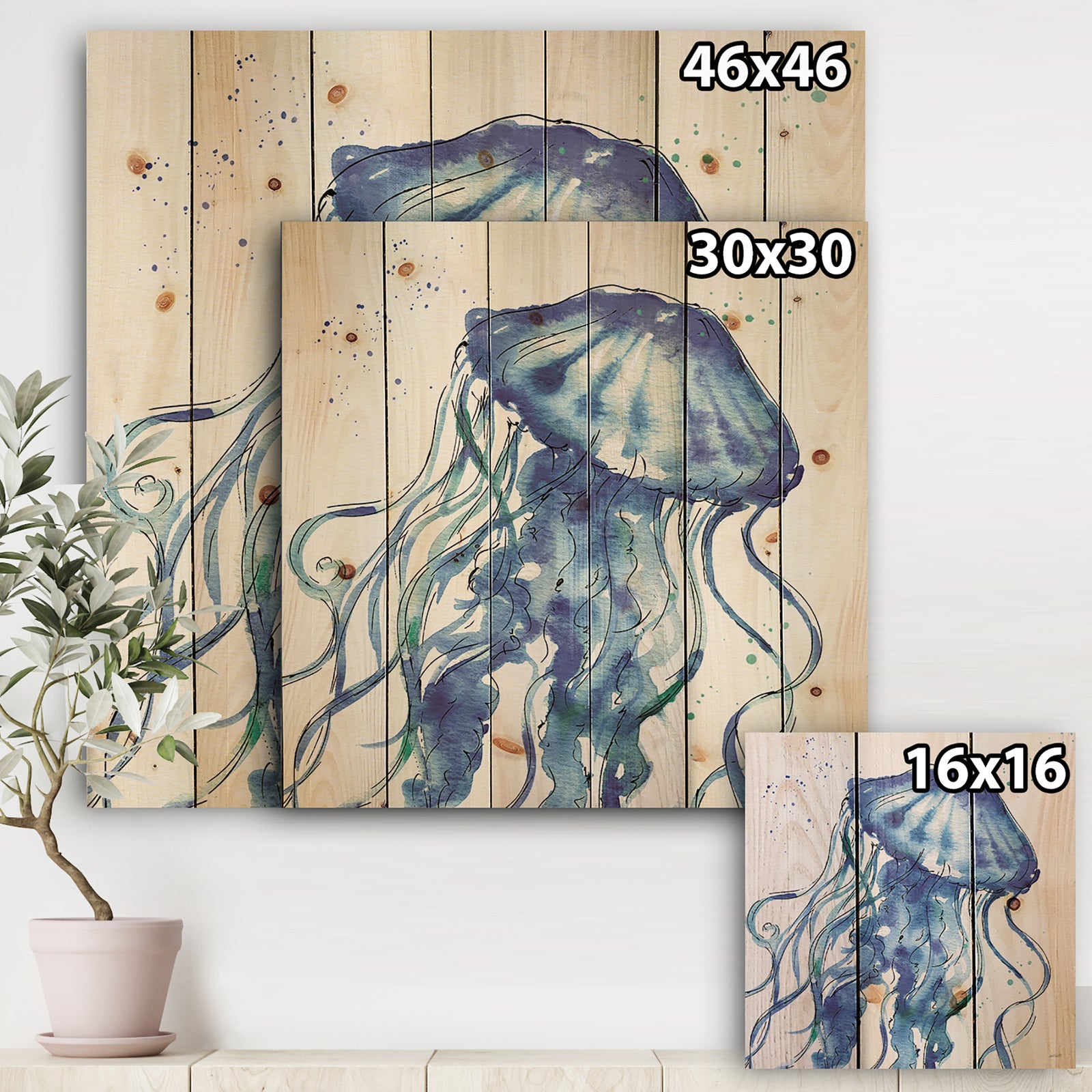 Blue Deep Sea X - Coastal Print on Natural Pine Wood