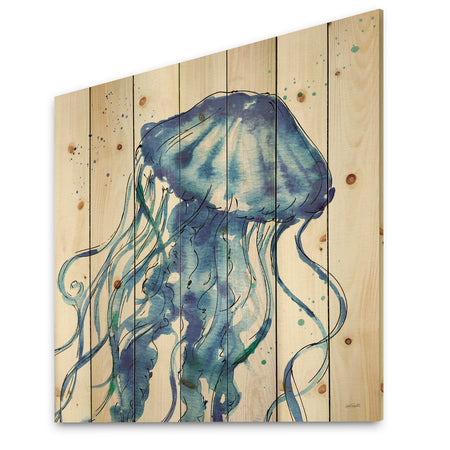 Blue Deep Sea X - Coastal Print on Natural Pine Wood