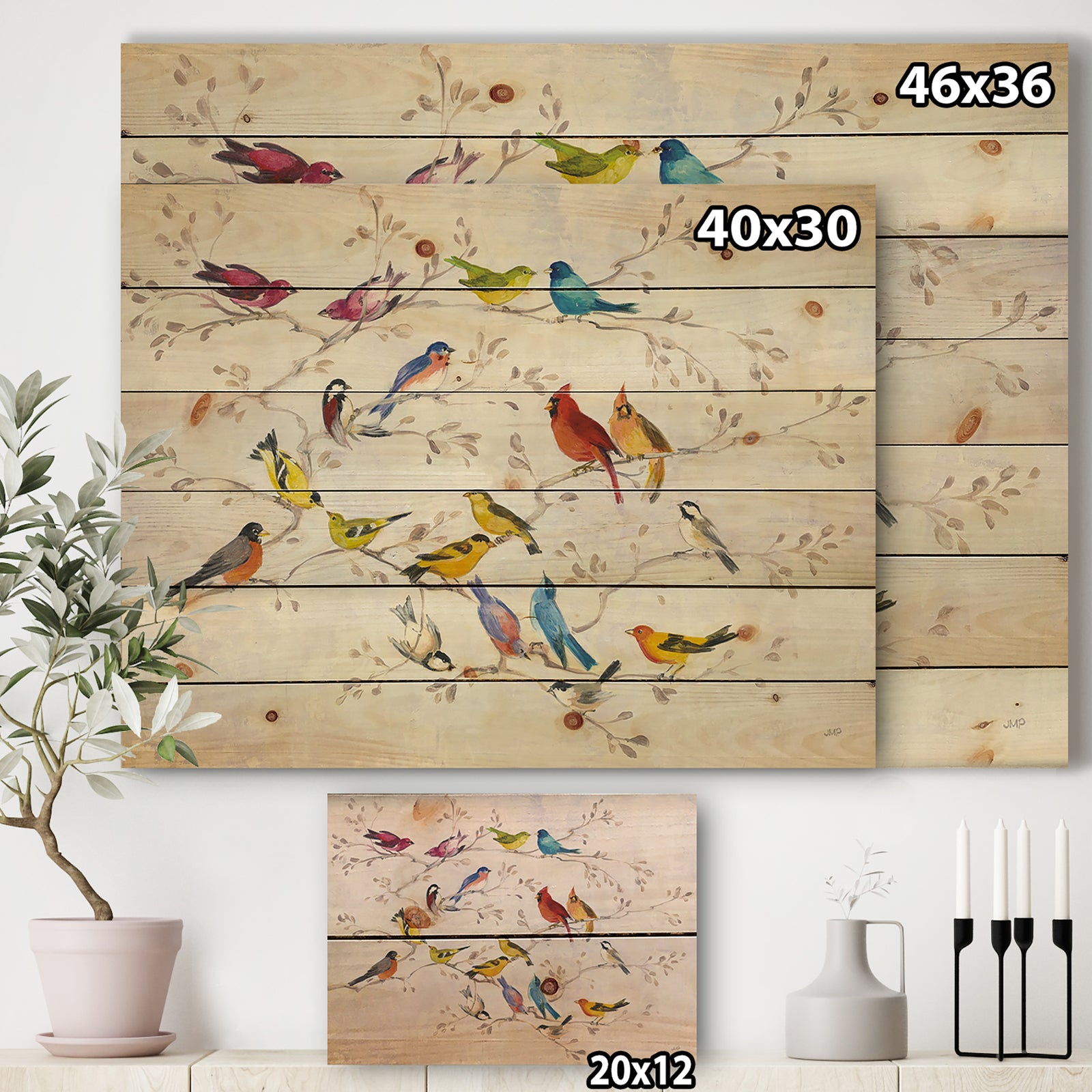 Multi-Color Bird on Tree - Modern Farmhouse Print on Natural Pine Wood