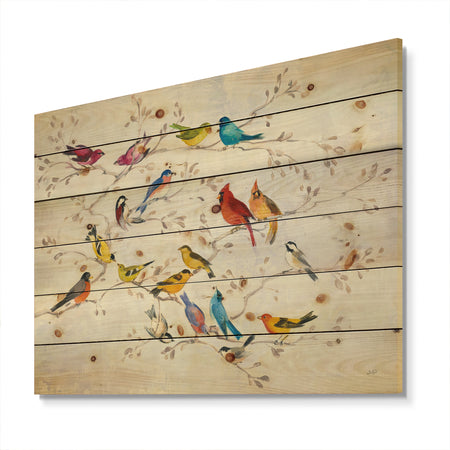 Multi-Color Bird on Tree - Modern Farmhouse Print on Natural Pine Wood