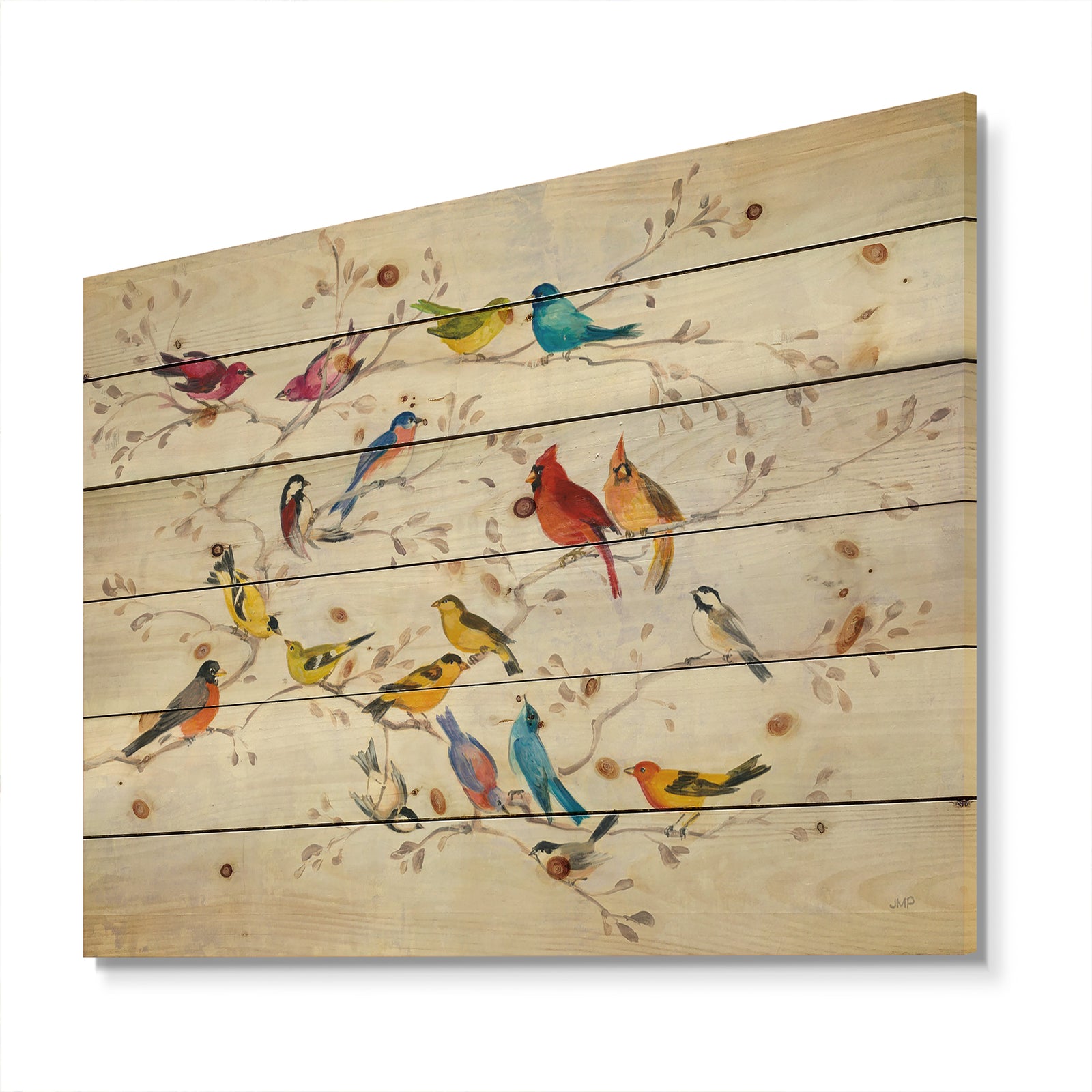 Multi-Color Bird on Tree - Modern Farmhouse Print on Natural Pine Wood