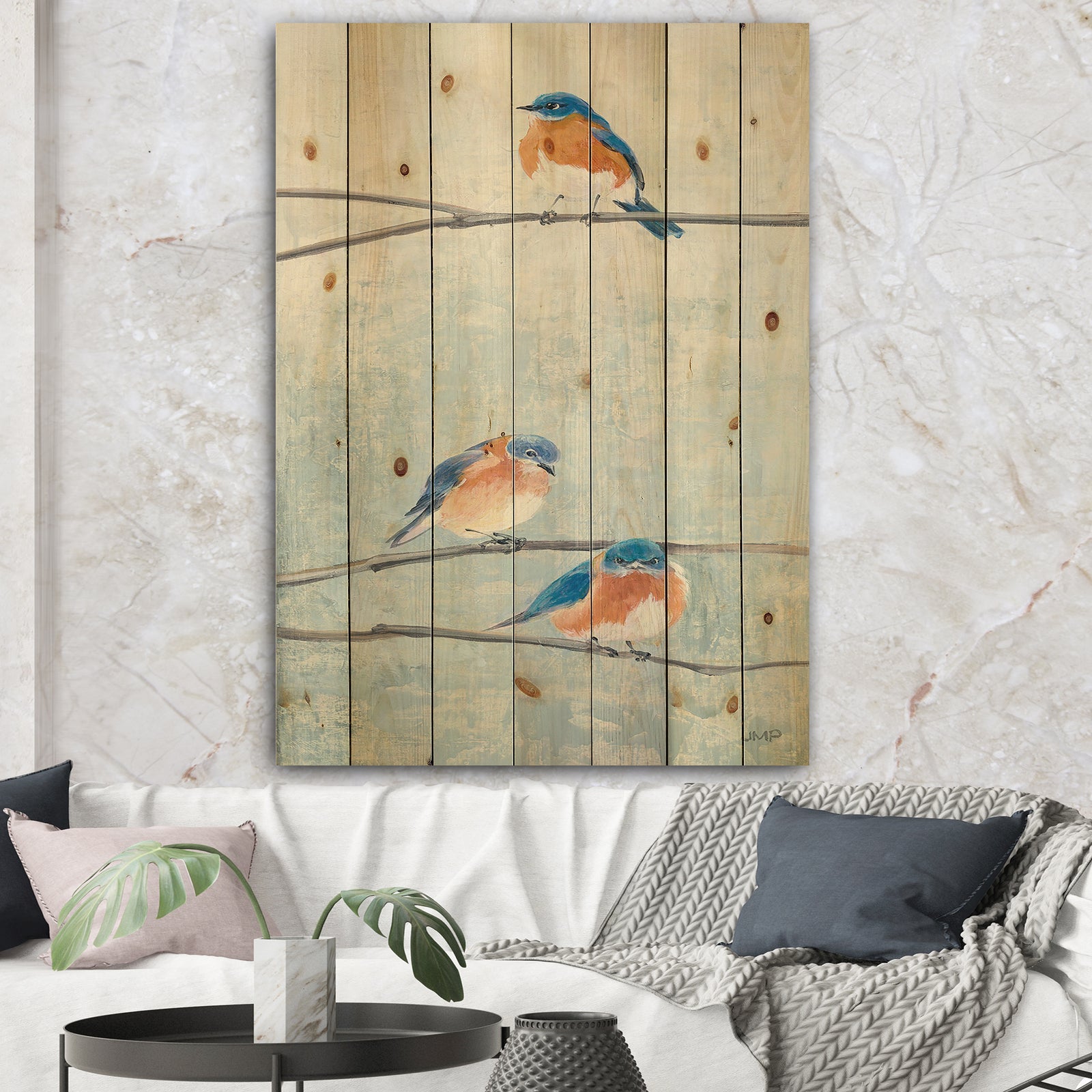 Bird Hanging on Tree II - Modern Farmhouse Print on Natural Pine Wood