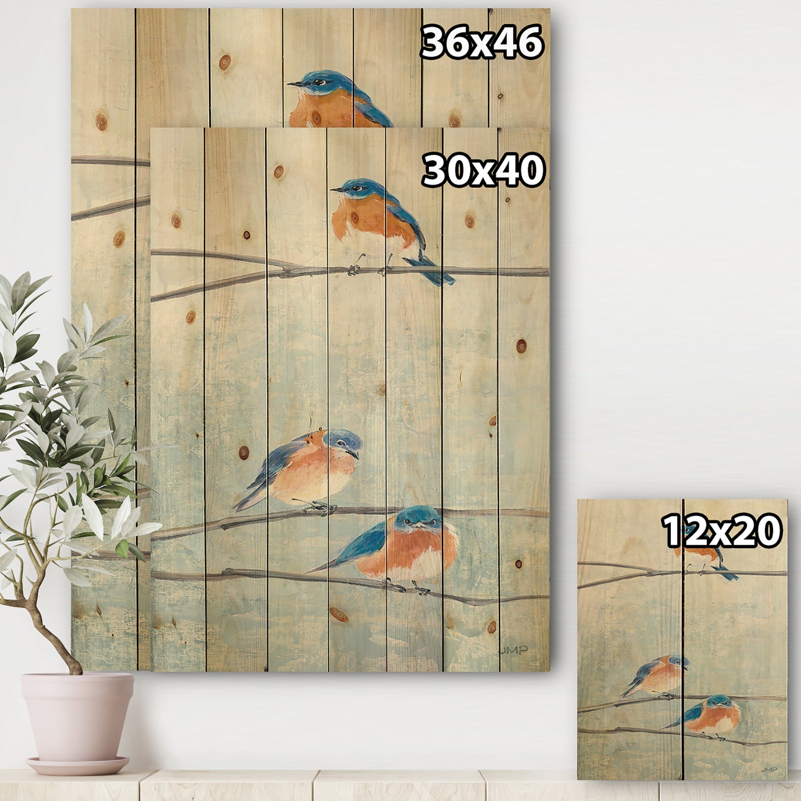 Bird Hanging on Tree II - Modern Farmhouse Print on Natural Pine Wood