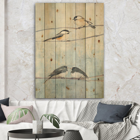 Bird Hanging on Tree I - Modern Farmhouse Print on Natural Pine Wood