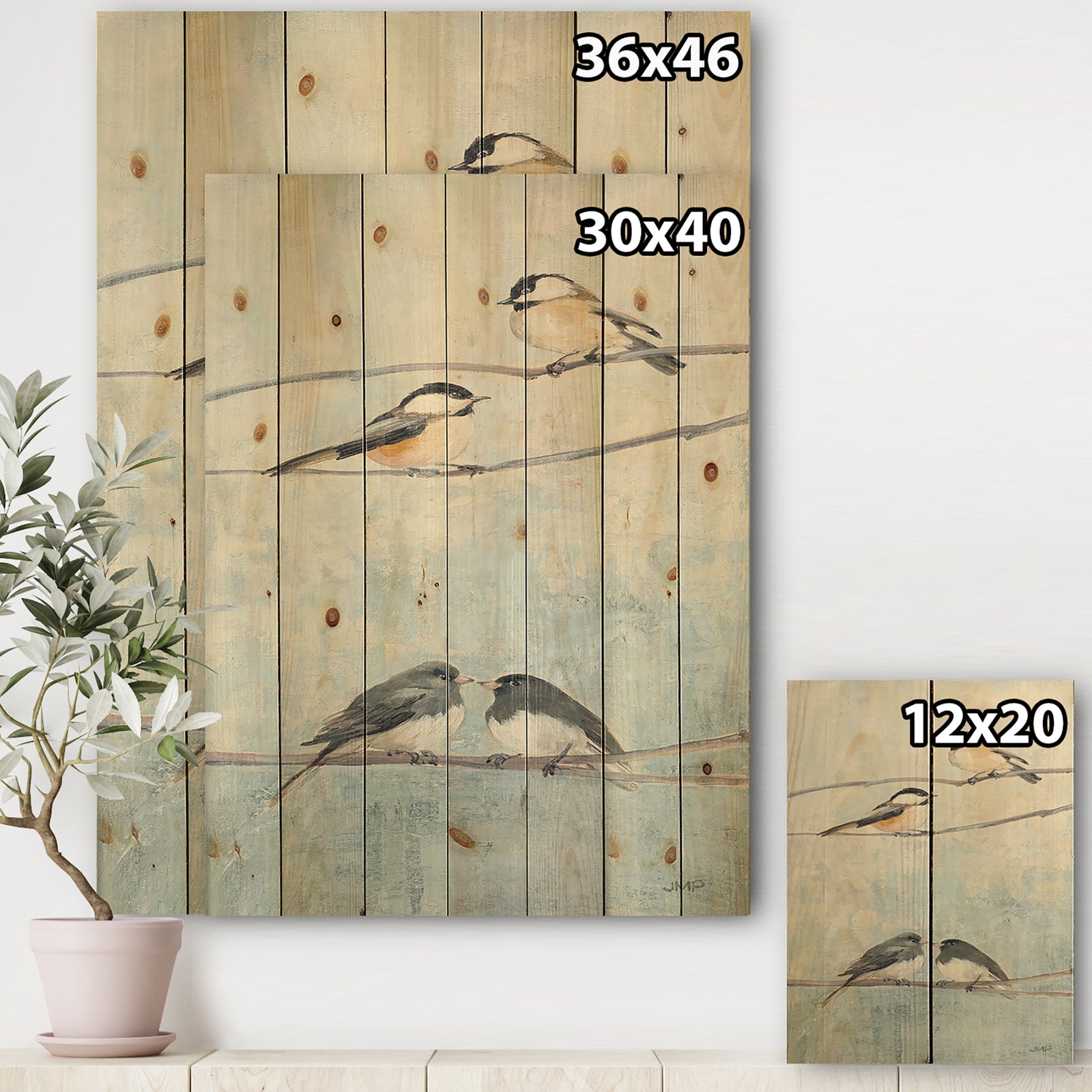 Bird Hanging on Tree I - Modern Farmhouse Print on Natural Pine Wood