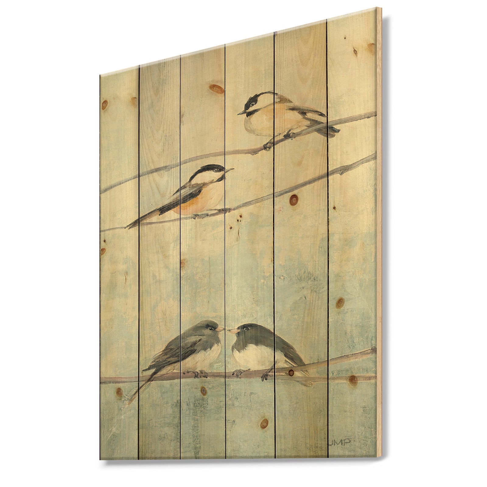 Bird Hanging on Tree I - Modern Farmhouse Print on Natural Pine Wood