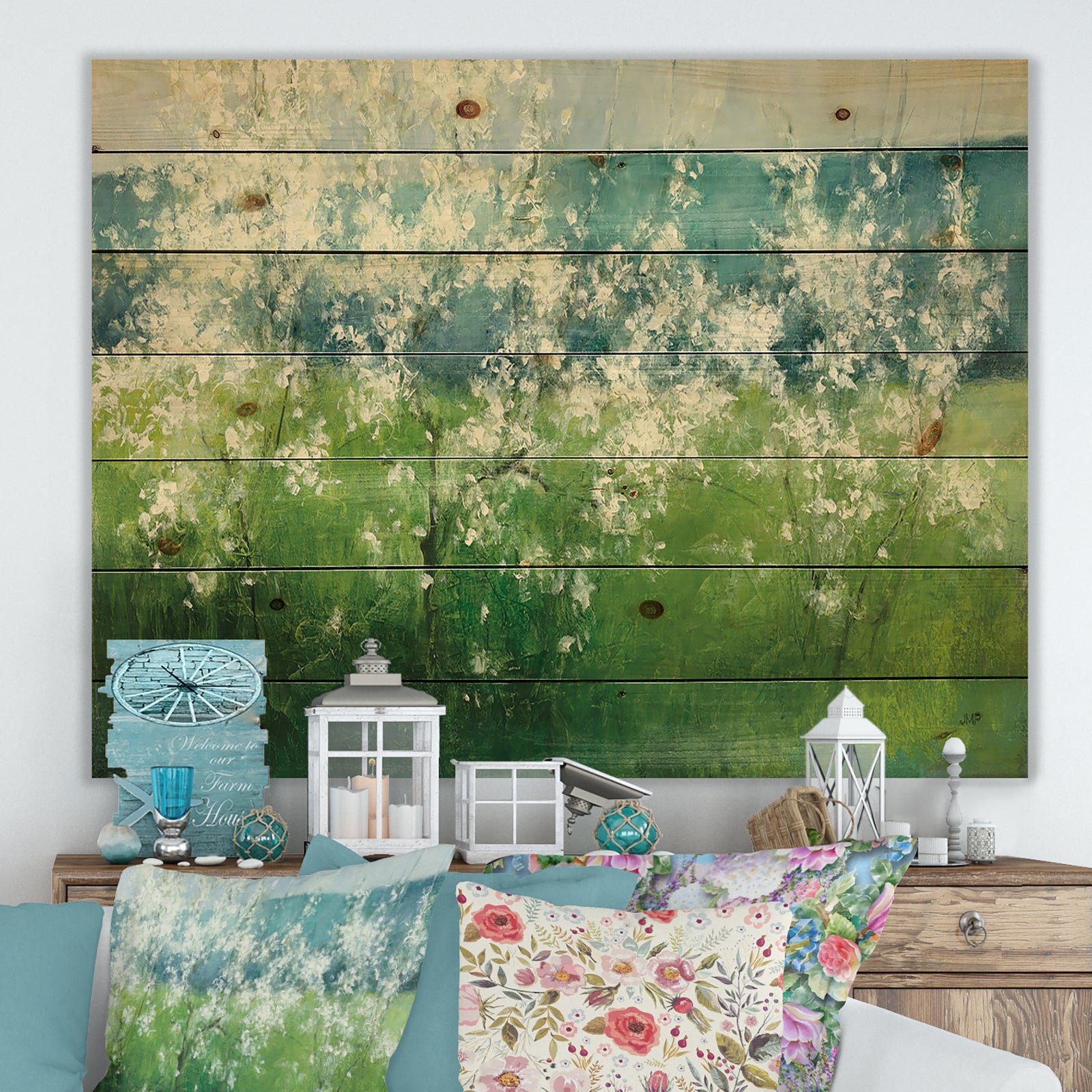 Green Mountain Spring - Cottage Print on Natural Pine Wood