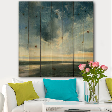 Blue Coastal Sunrise - Landscape & Nature Print on Natural Pine Wood