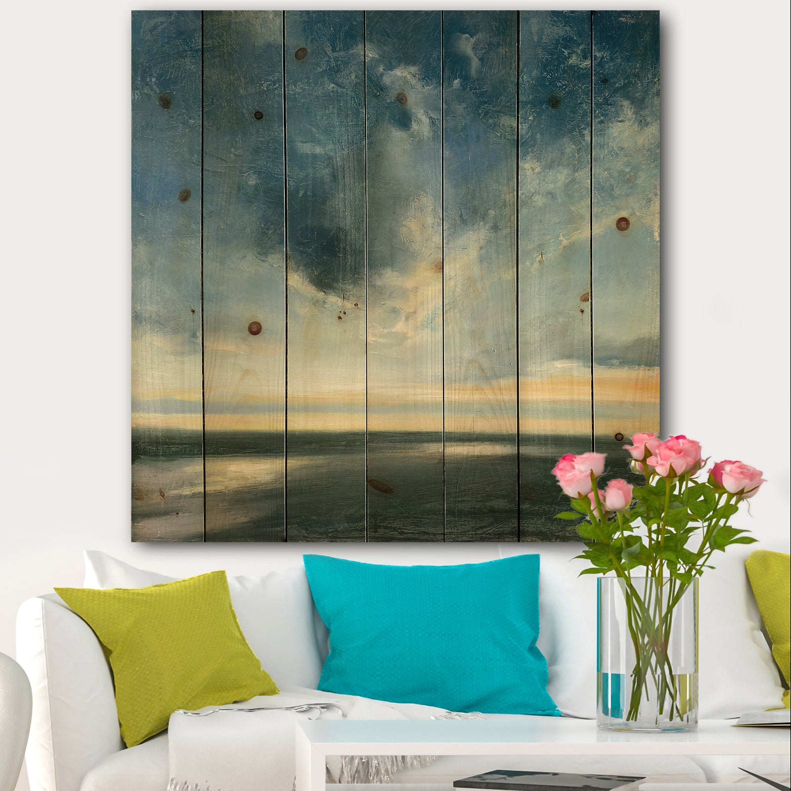 Blue Coastal Sunrise - Landscape & Nature Print on Natural Pine Wood