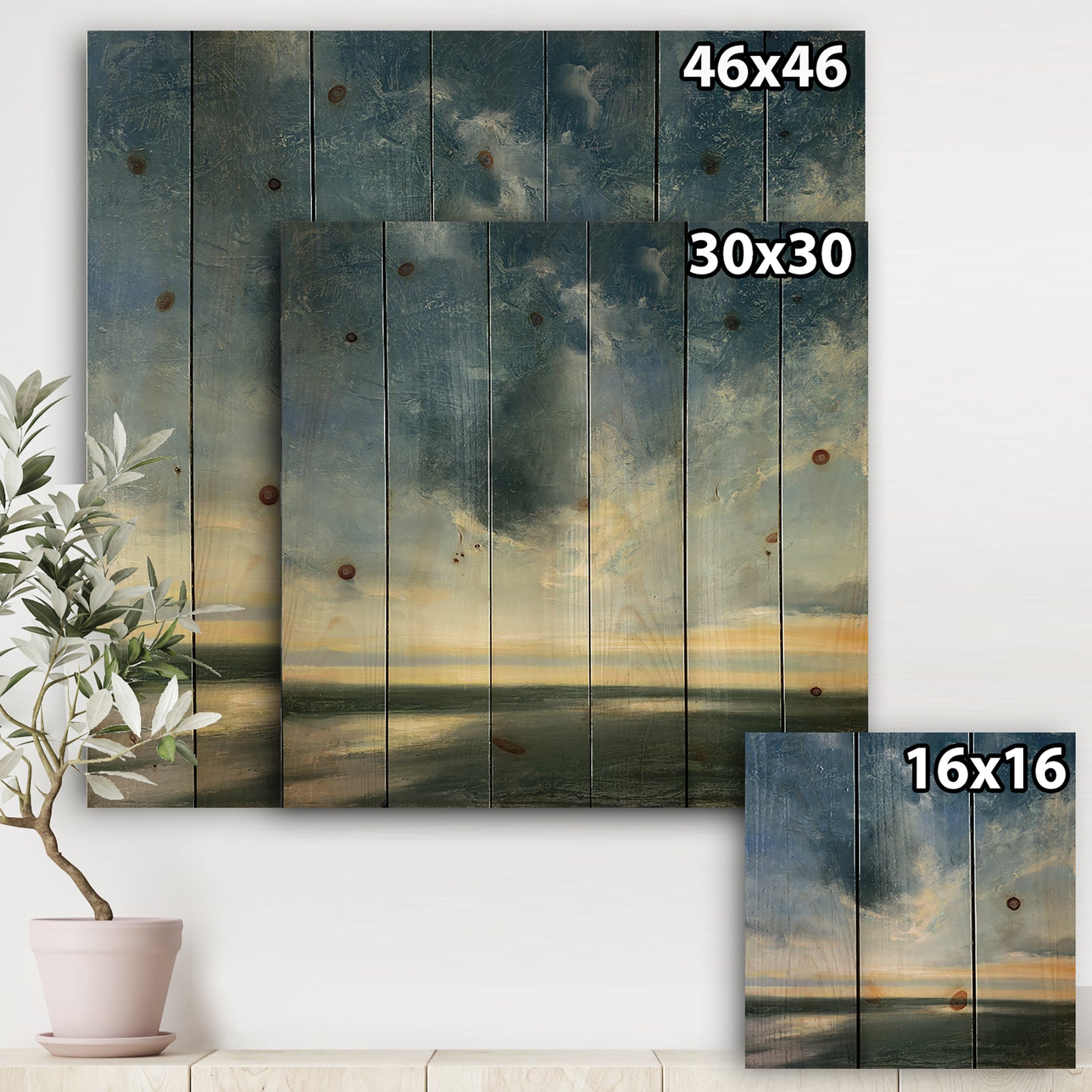 Blue Coastal Sunrise - Landscape & Nature Print on Natural Pine Wood