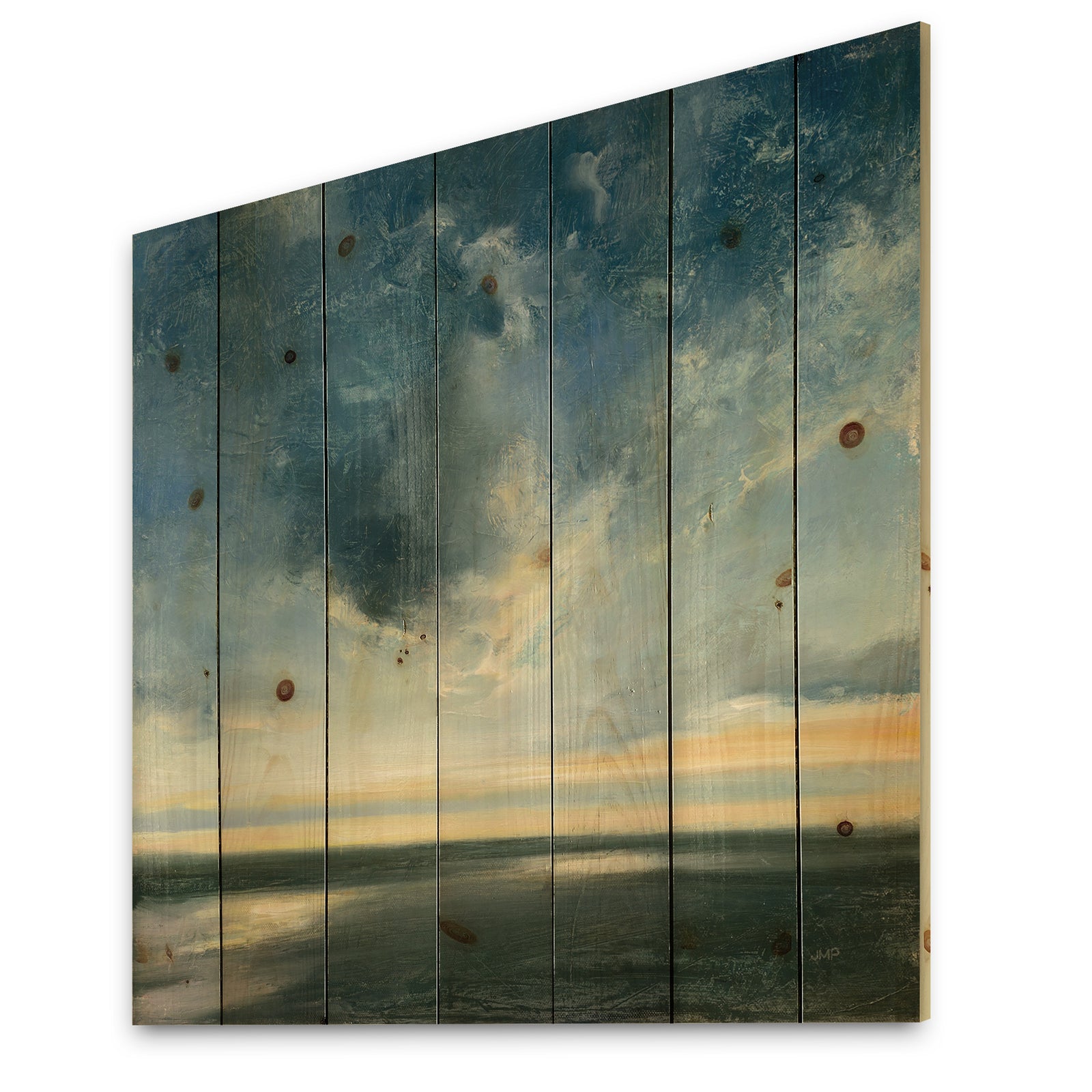 Blue Coastal Sunrise - Landscape & Nature Print on Natural Pine Wood
