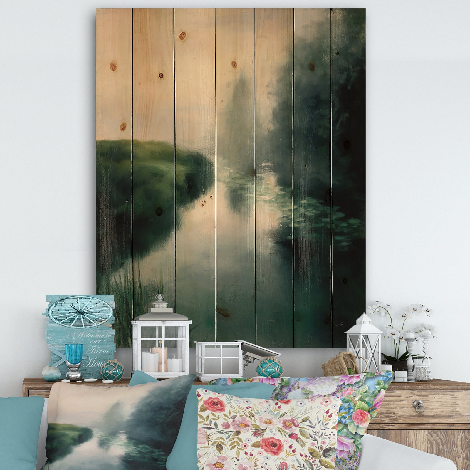 Twilight Fog Lakeshore - Landscape & Nature Print on Natural Pine Wood