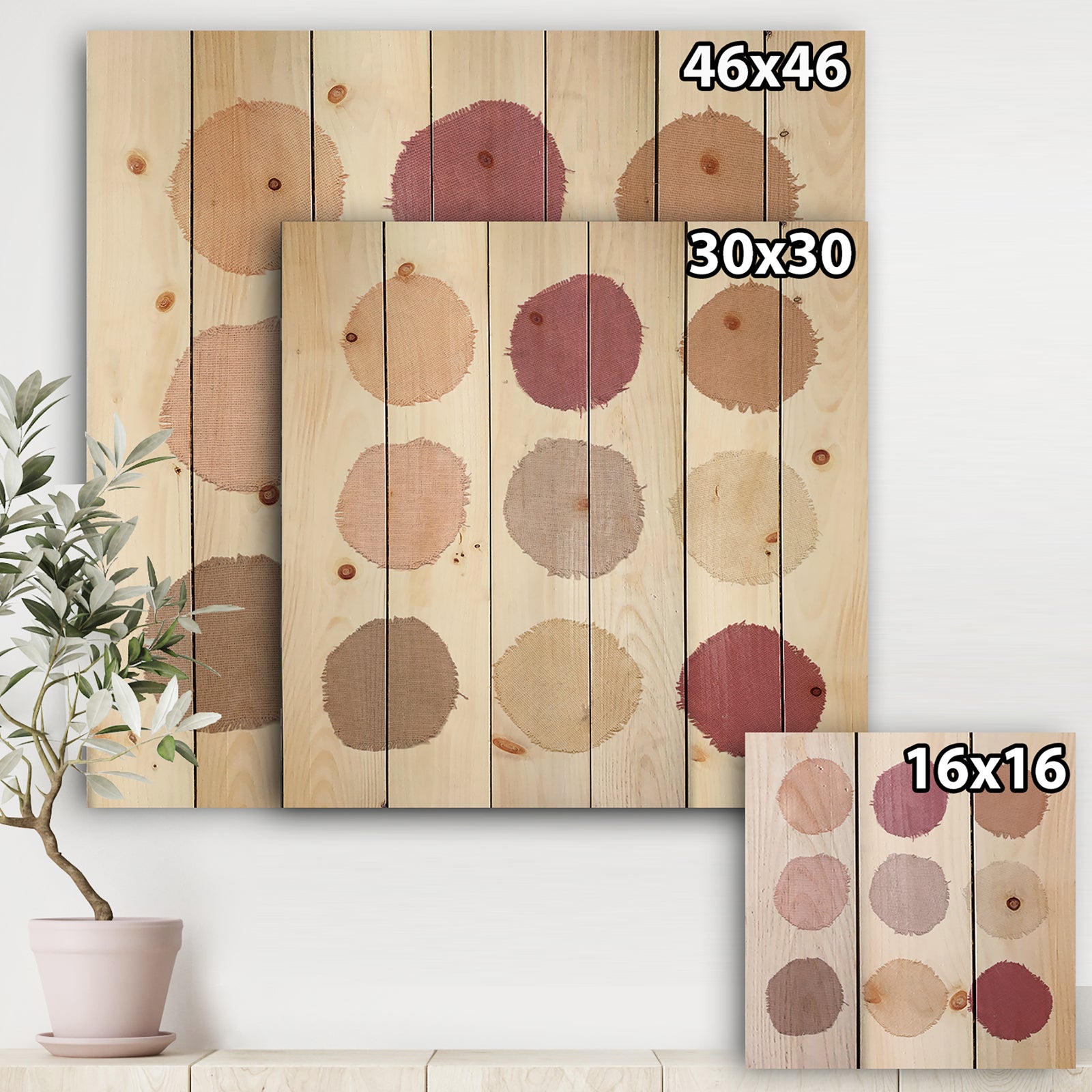 Unique Beige Circle Designs - Modern Transitional Print on Natural Pine Wood