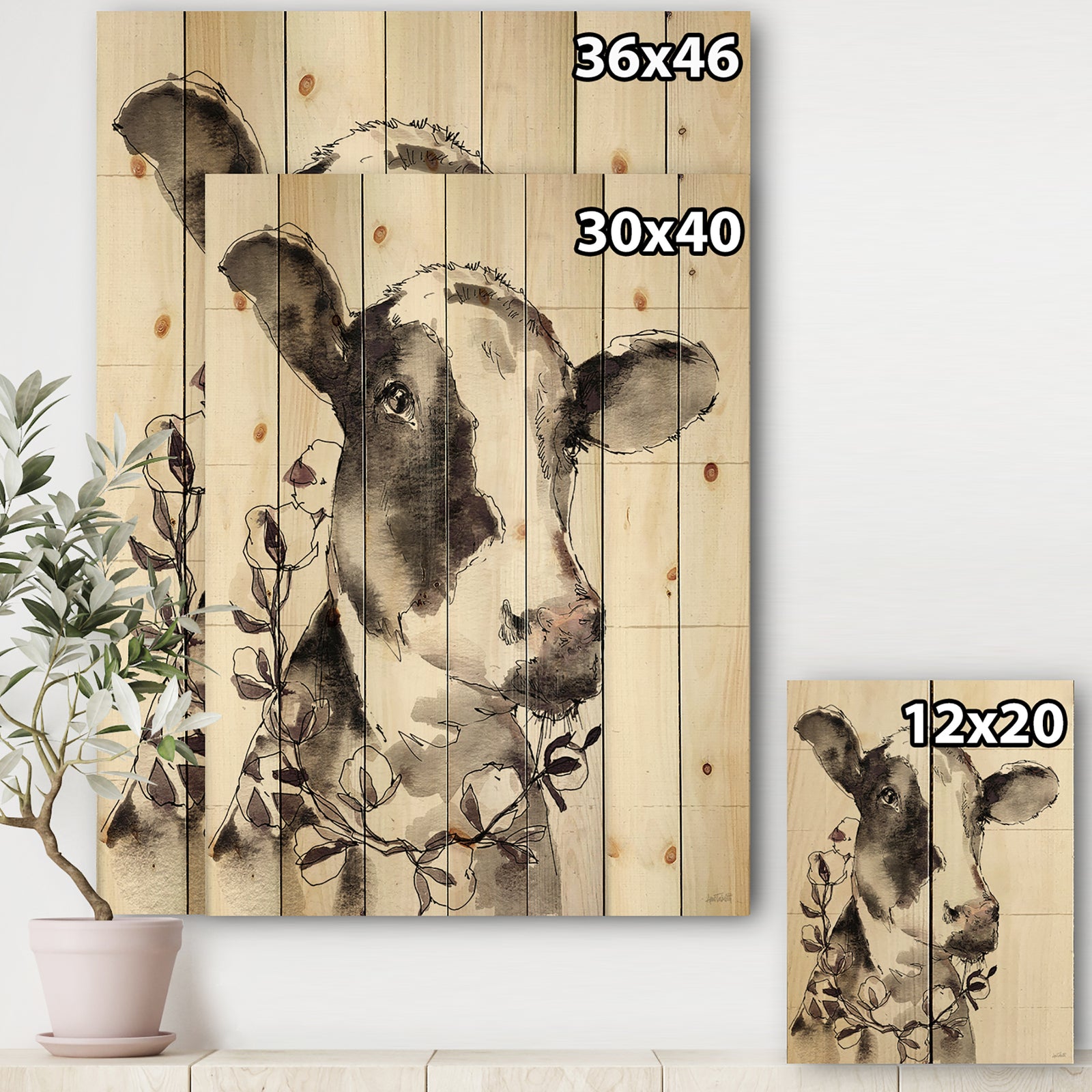 Cow Portrait Country Life - Wildlife Print on Natural Pine Wood