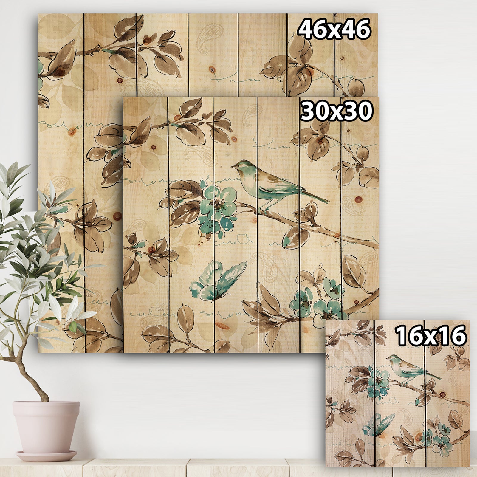 Beige Bird Wings - Cottage Print on Natural Pine Wood