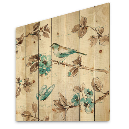 Beige Bird Wings - Cottage Print on Natural Pine Wood