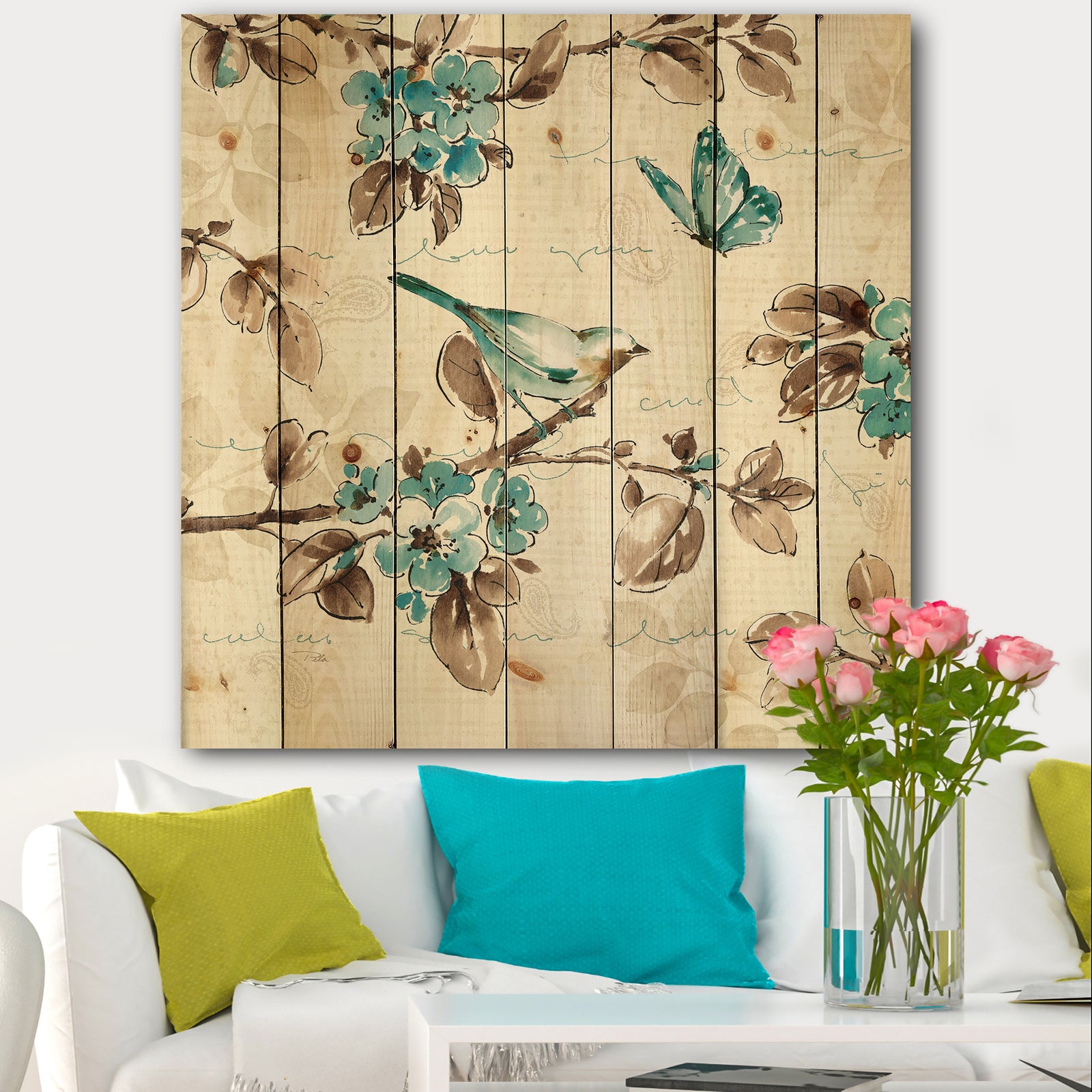 Beige Bird Wings III - Traditional Print on Natural Pine Wood