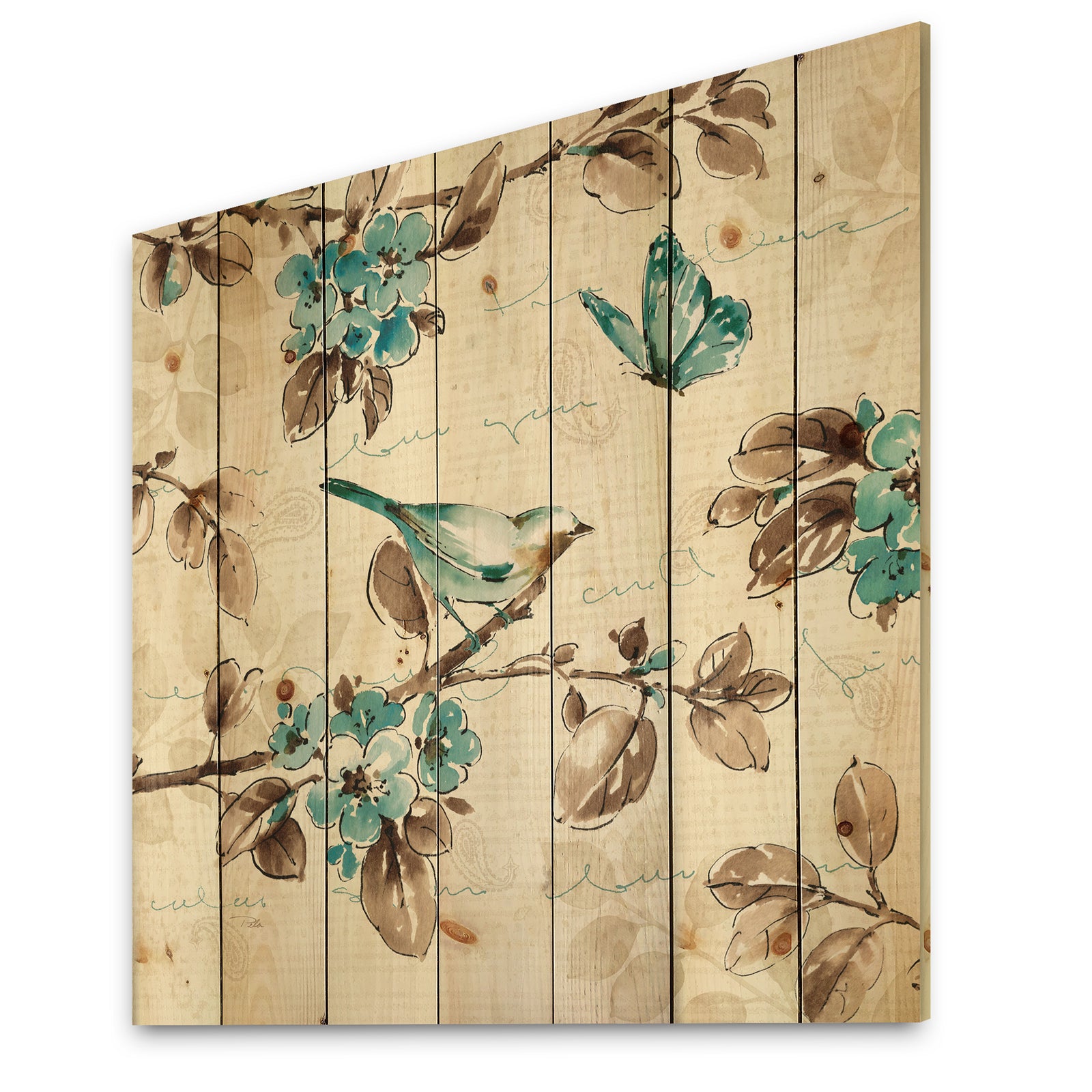 Beige Bird Wings III - Traditional Print on Natural Pine Wood
