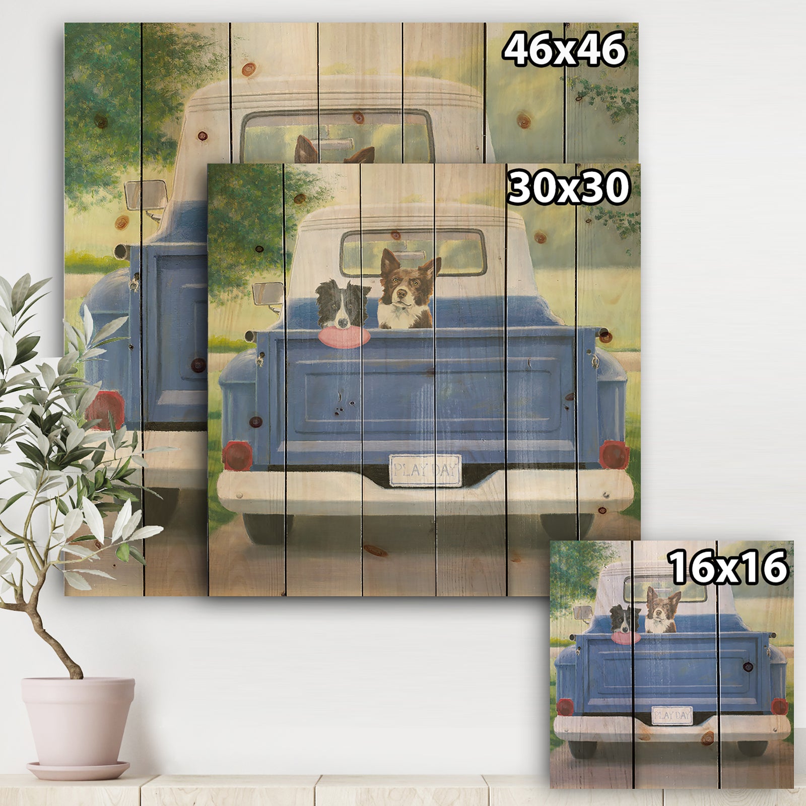 Dogs Play Day - Traditional Print on Natural Pine Wood
