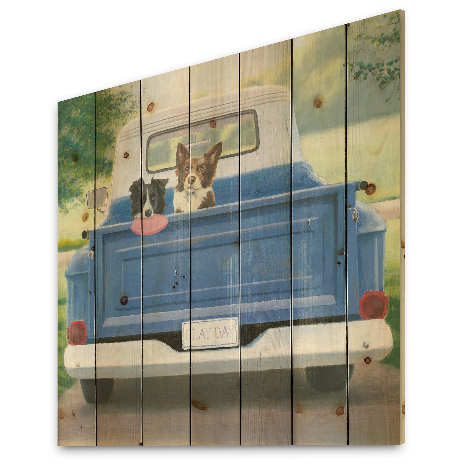 Dogs Play Day - Traditional Print on Natural Pine Wood