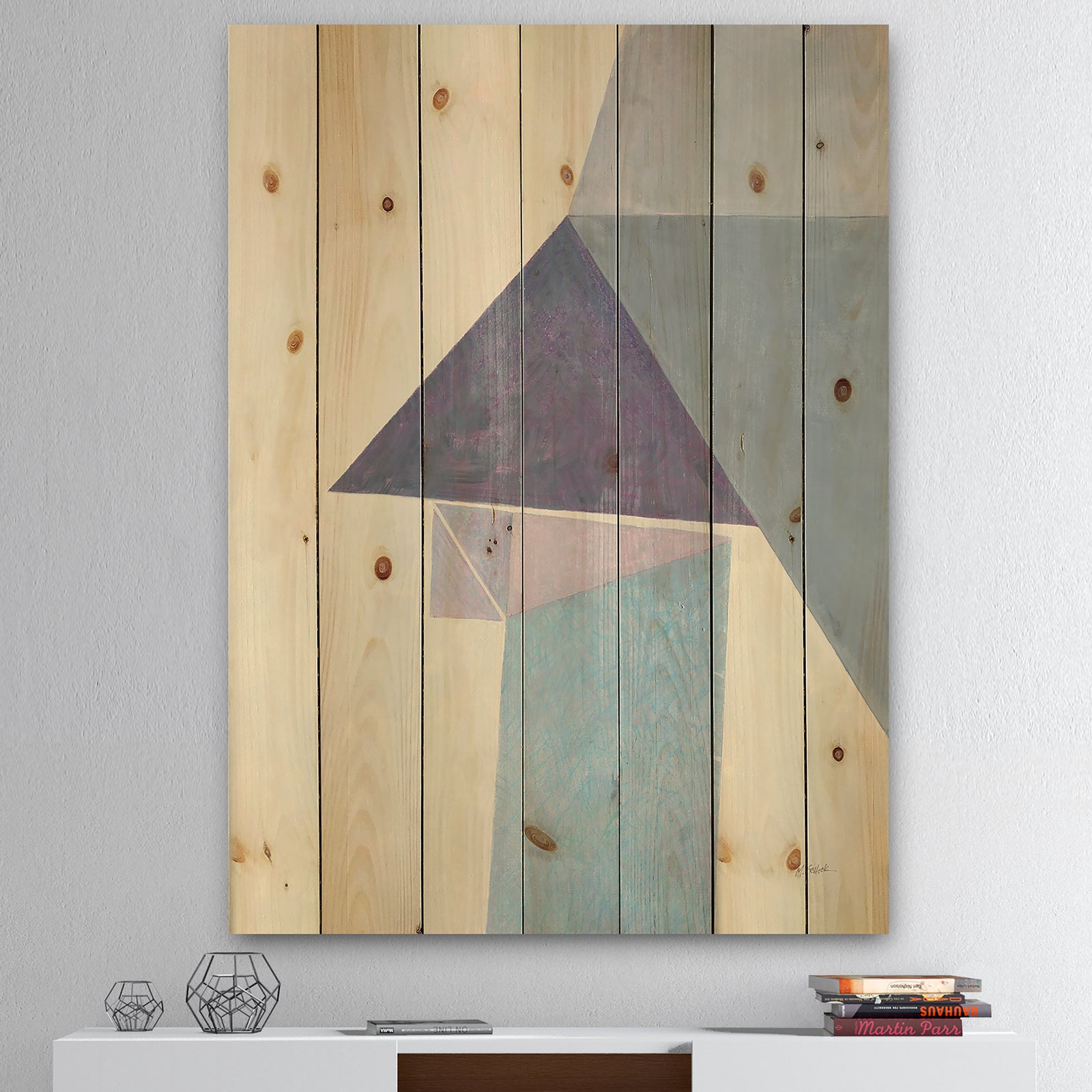 Purple Geometric Bridge I - Mid-Century Modern Print on Natural Pine Wood