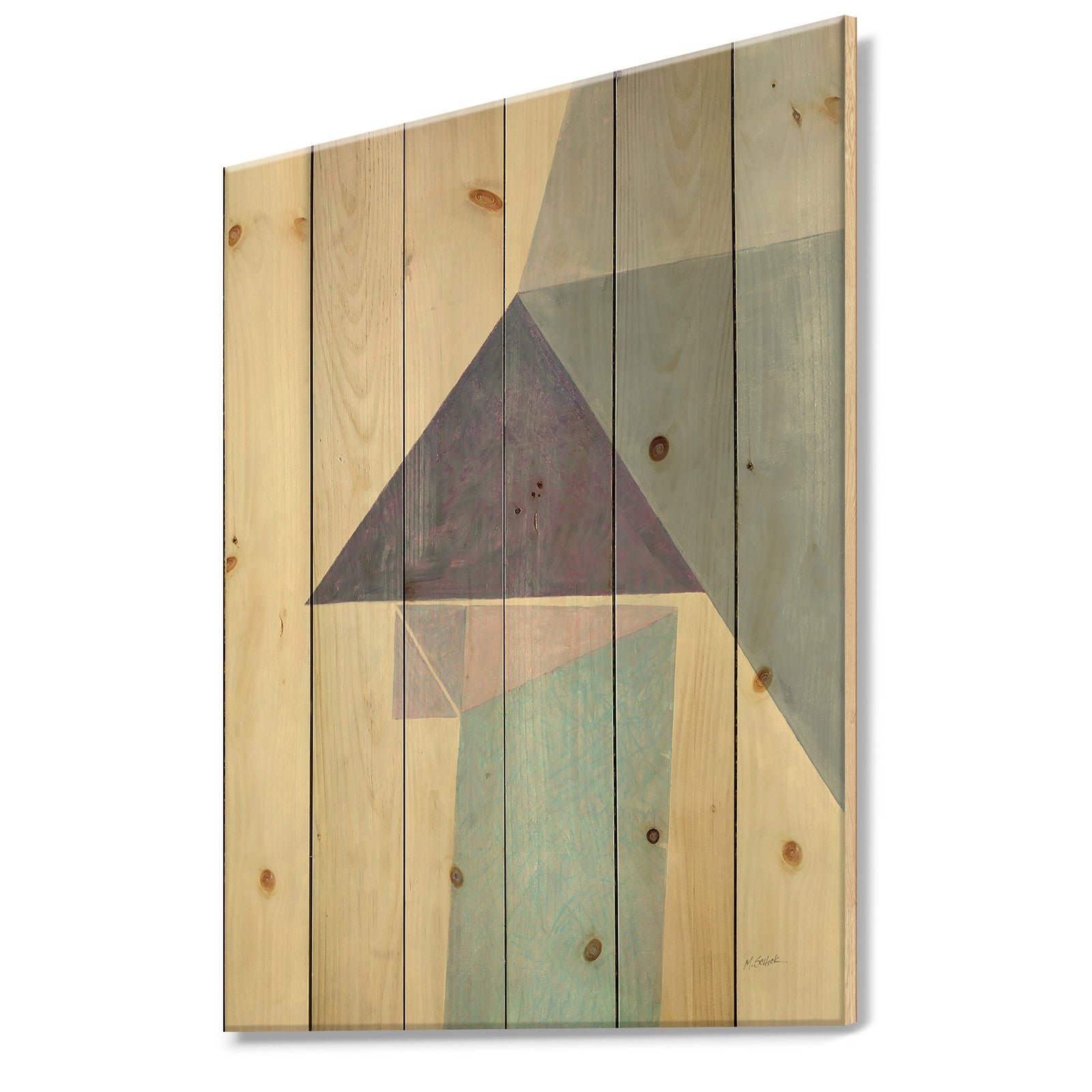 Purple Geometric Bridge I - Mid-Century Modern Print on Natural Pine Wood