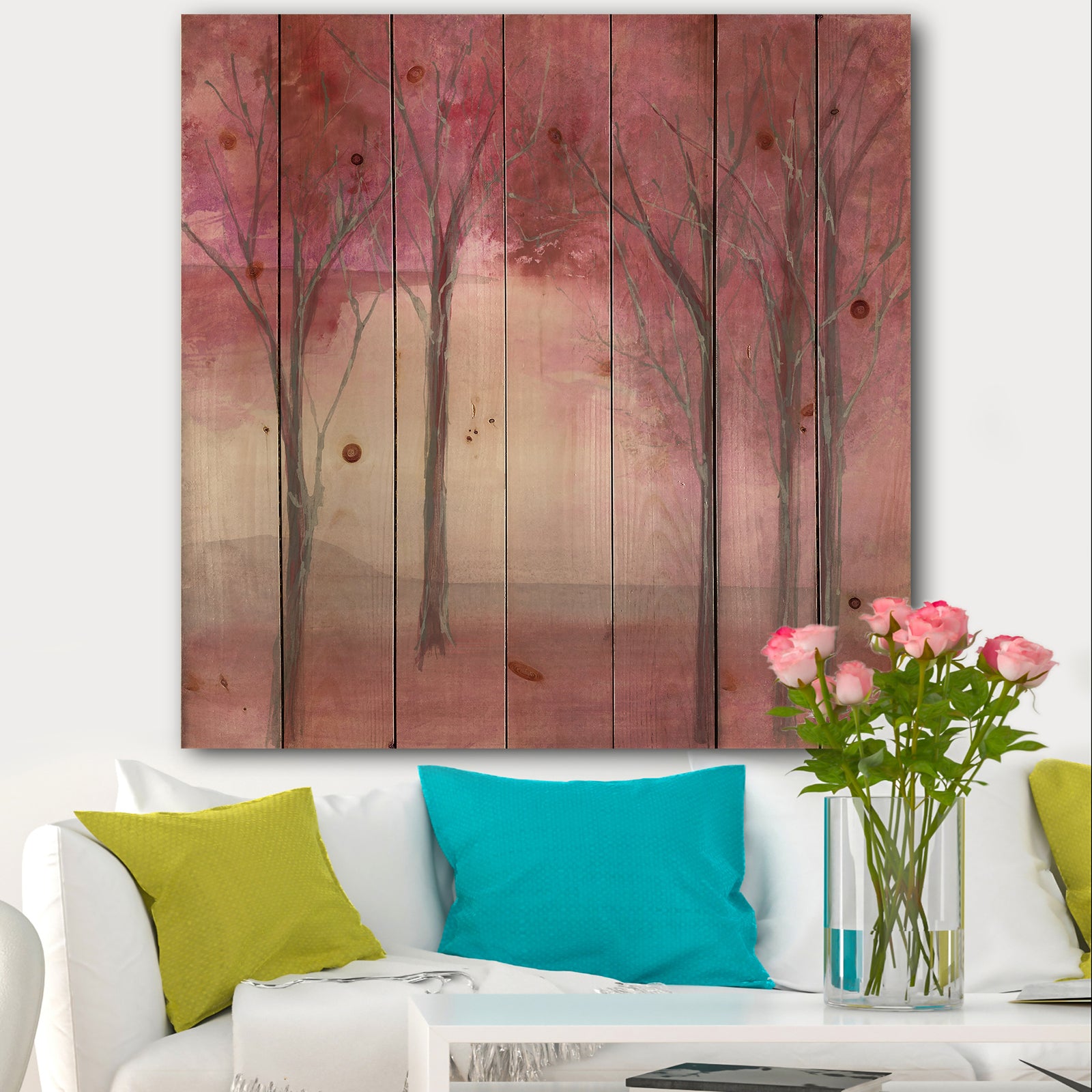 Pink Forest - Traditional Landscape Print on Natural Pine Wood