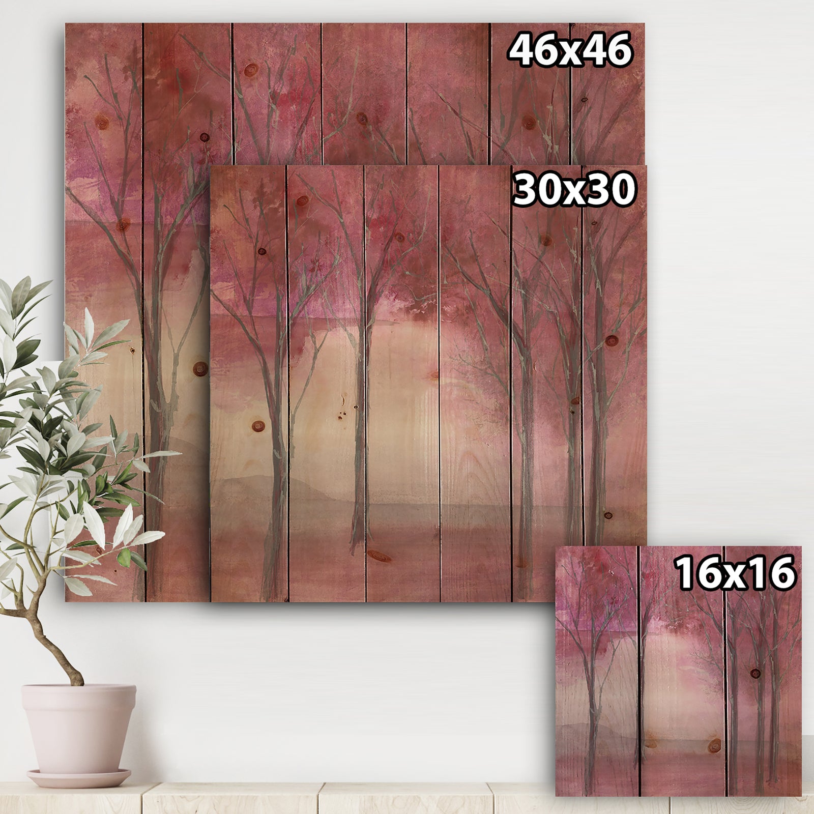 Pink Forest - Traditional Landscape Print on Natural Pine Wood