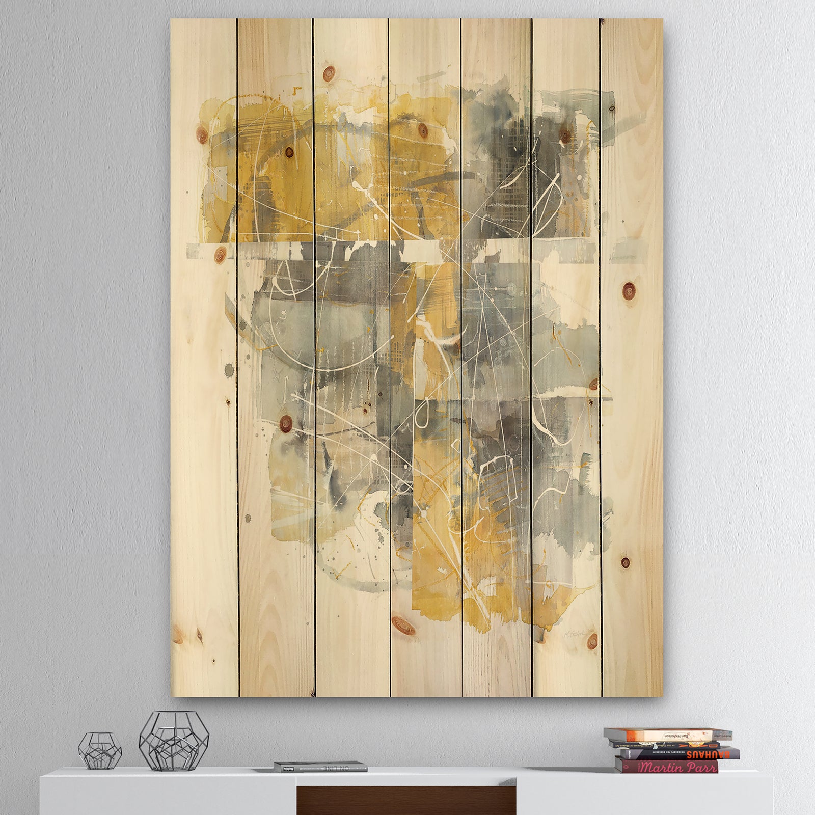 Moving In and Out of Traffic II Yellow Grey - Geometric Print on Natural Pine Wood