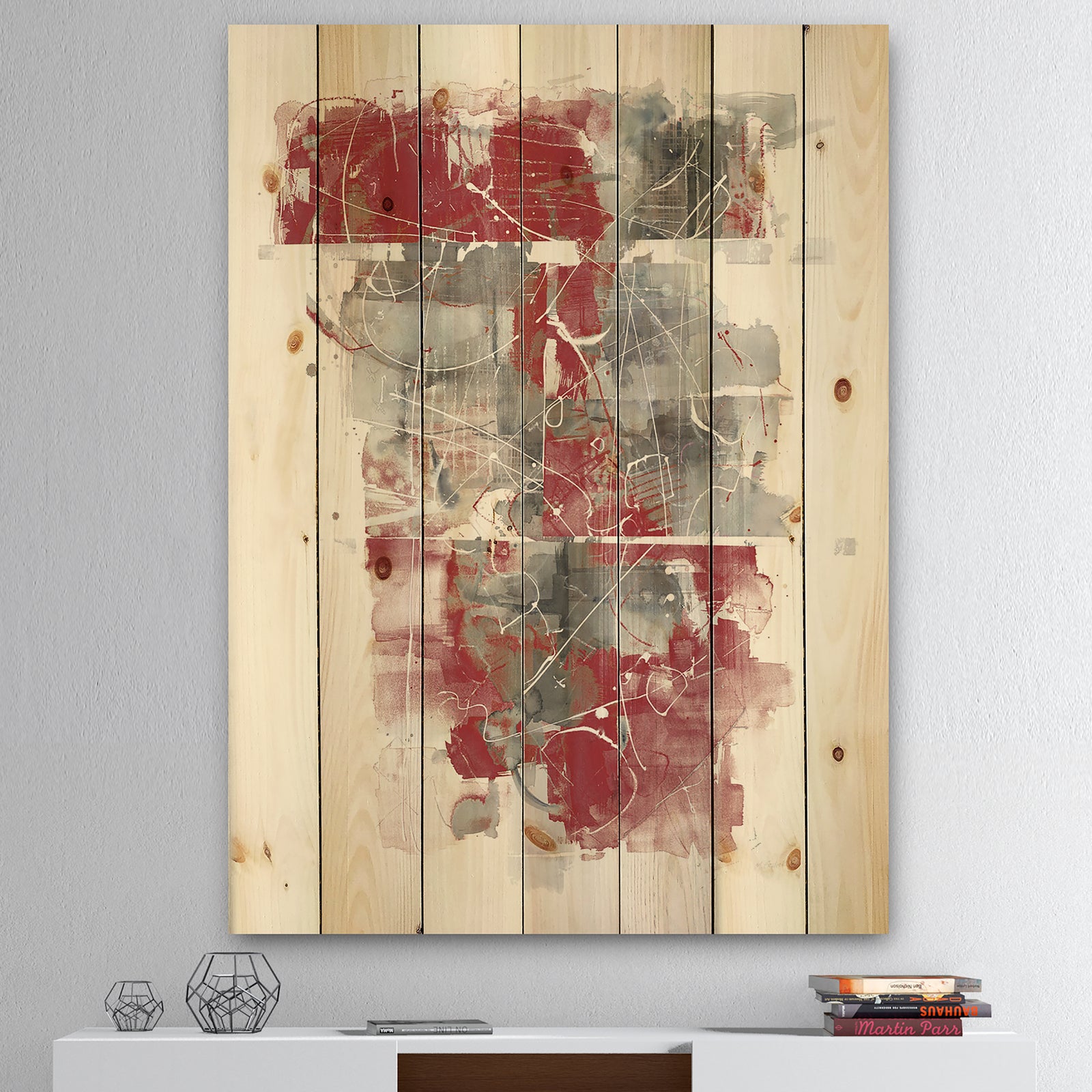 Moving In and Out of Traffic I Red Grey - Geometric Print on Natural Pine Wood