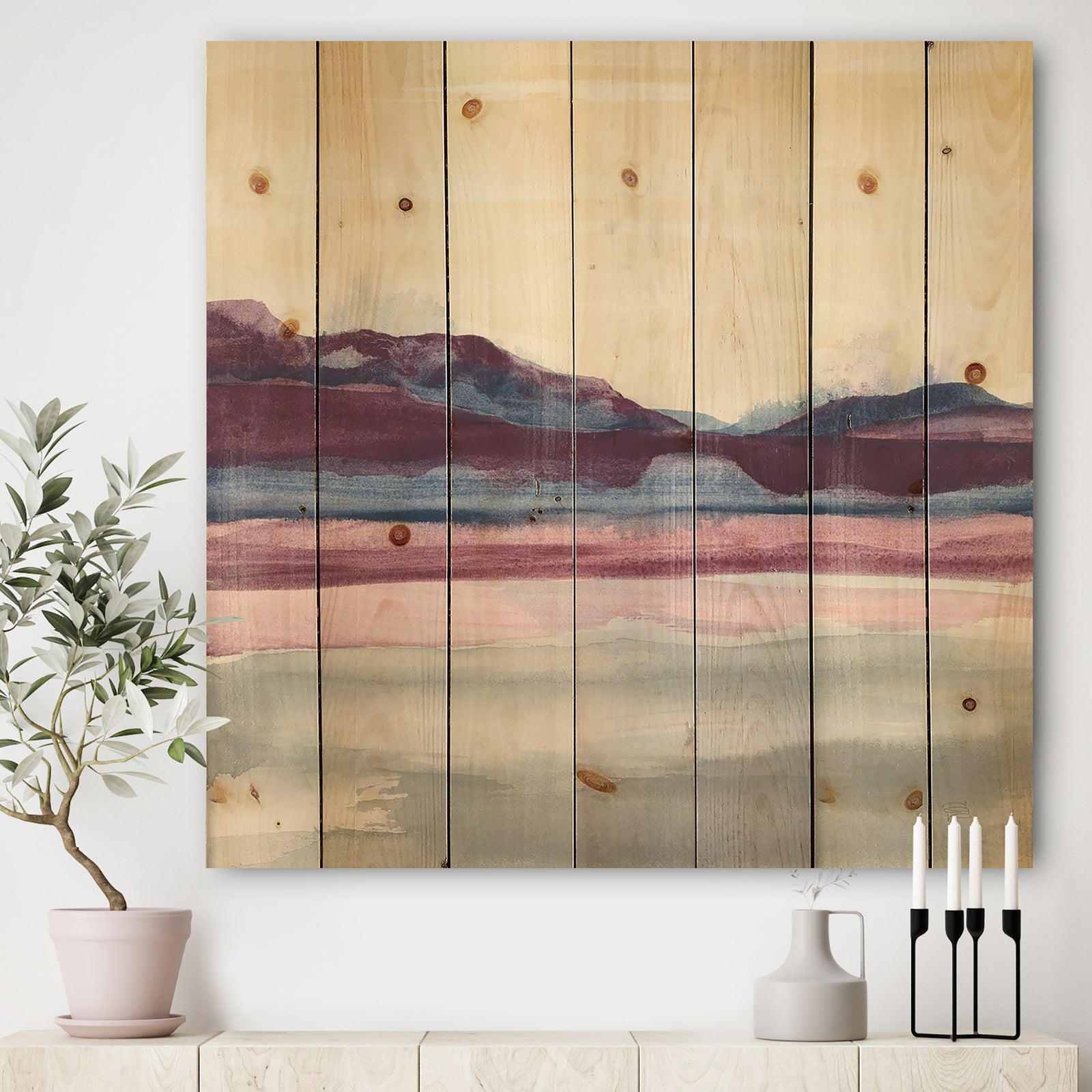 Purple Rock landscape - Shabby Chic Print on Natural Pine Wood